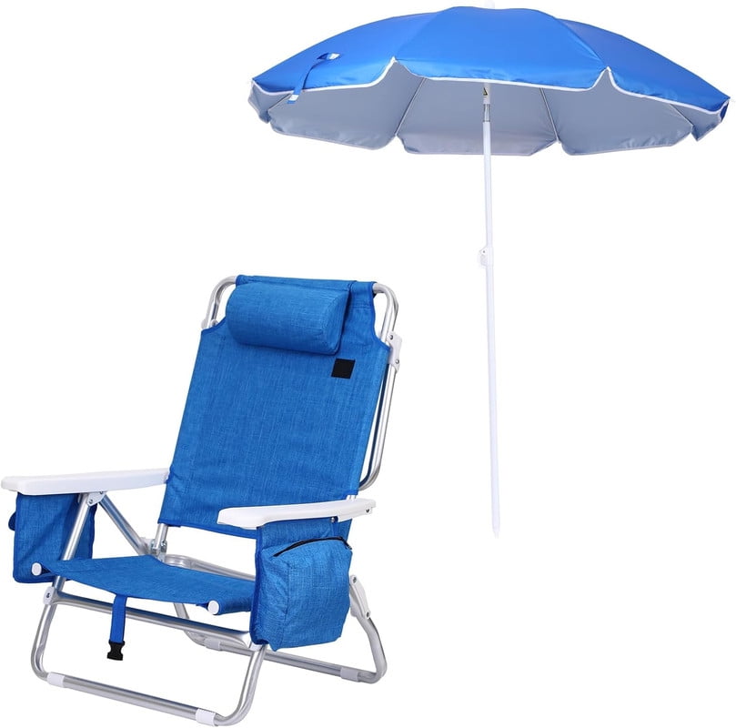 Funcode 7-Position Reclining Beach Chair with Cooler and Backpack Straps (Blue, 1 Pack) n3c1m