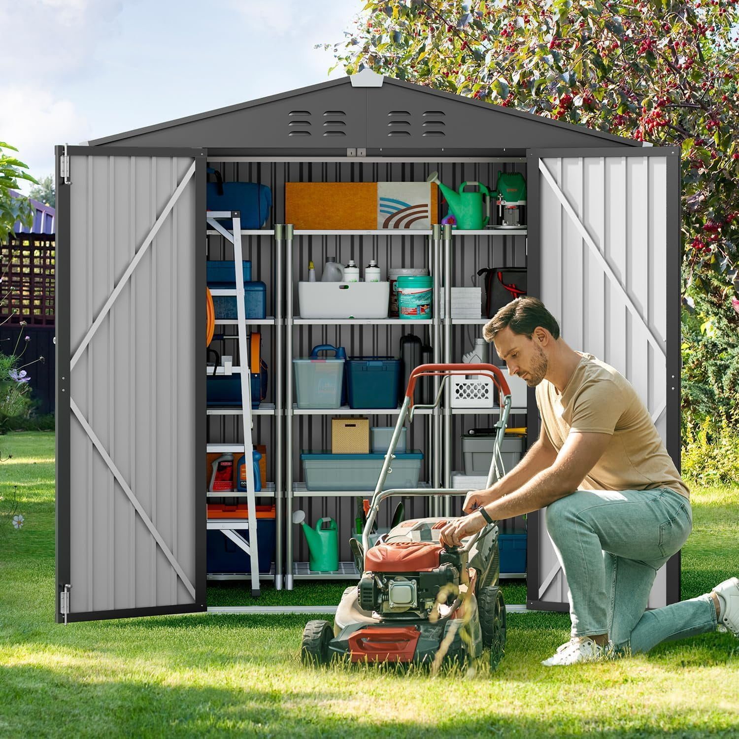 Lofka Galvanized Metal Outdoor Storage Shed with Double Lockable Doors and Air Vents (Dark Gray, 6 ft x 4 ft) v4zn6