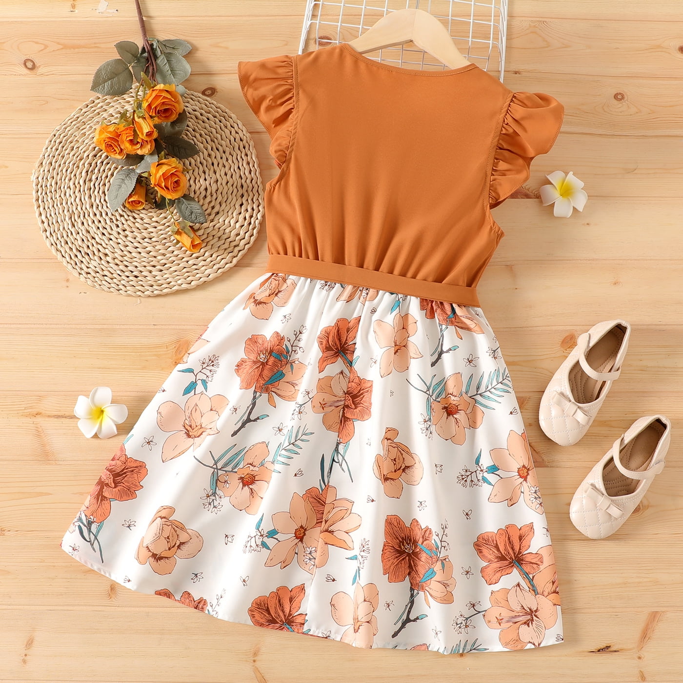 PatPat Girl Floral Ruffled Flutter Sleeve Dress with Belt (Brown, 4-12) mw6c3