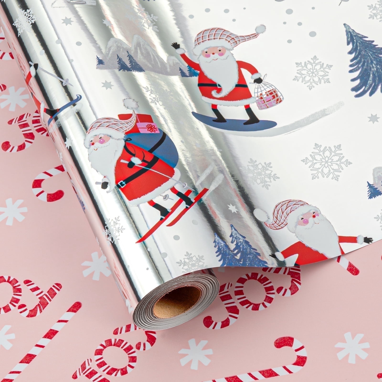 HOMERAL Christmas Wrapping Paper Roll, Festive Holiday Gift Wrap with Santa Claus and Candy Cane Patterns (White, 17 in x 33 ft) dvn11