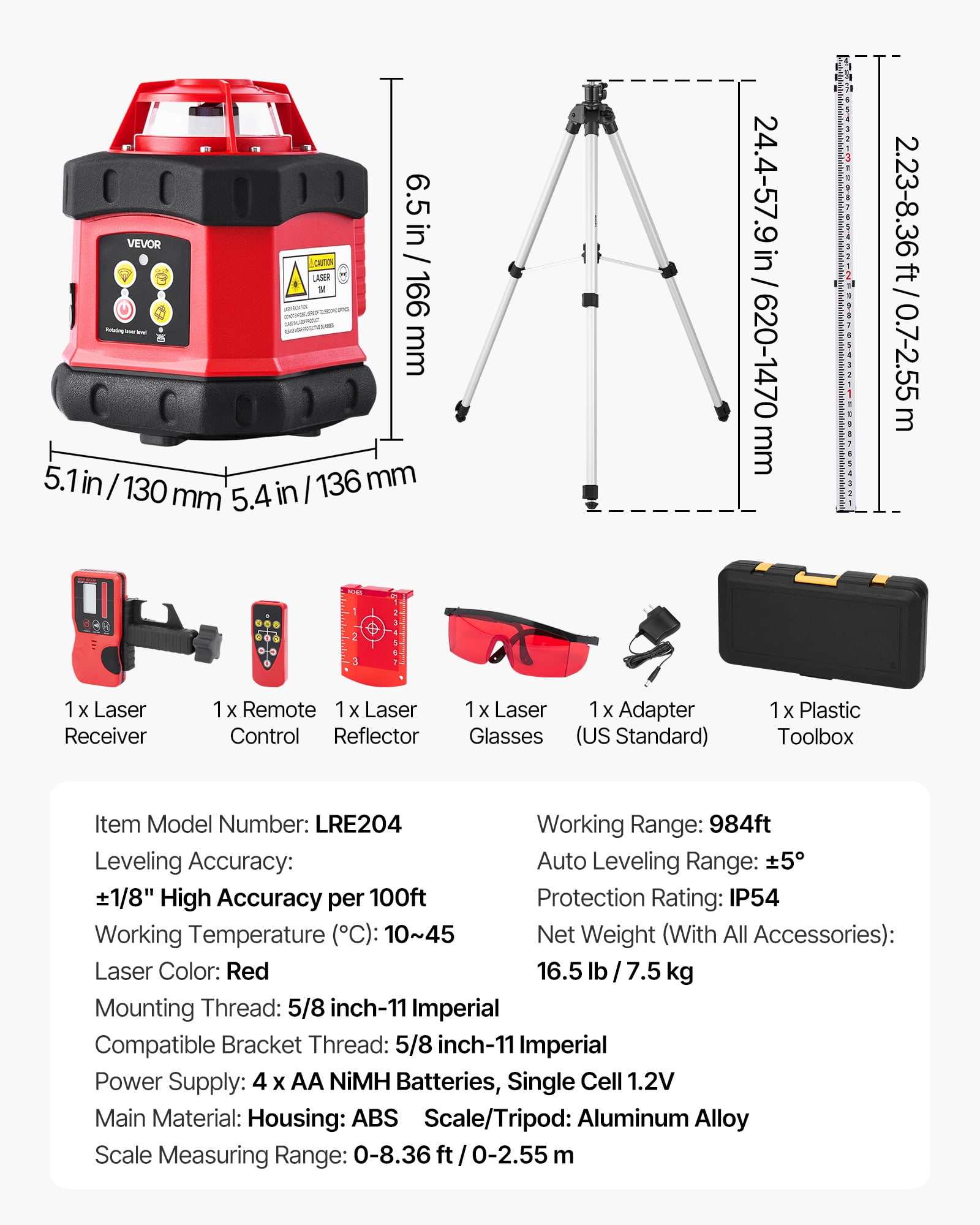 VEVOR Rotary Laser Level Kit, 360-Degree Self-Leveling Red Laser Transit with Tripod and Receiver (984 ft Range) ze8c6