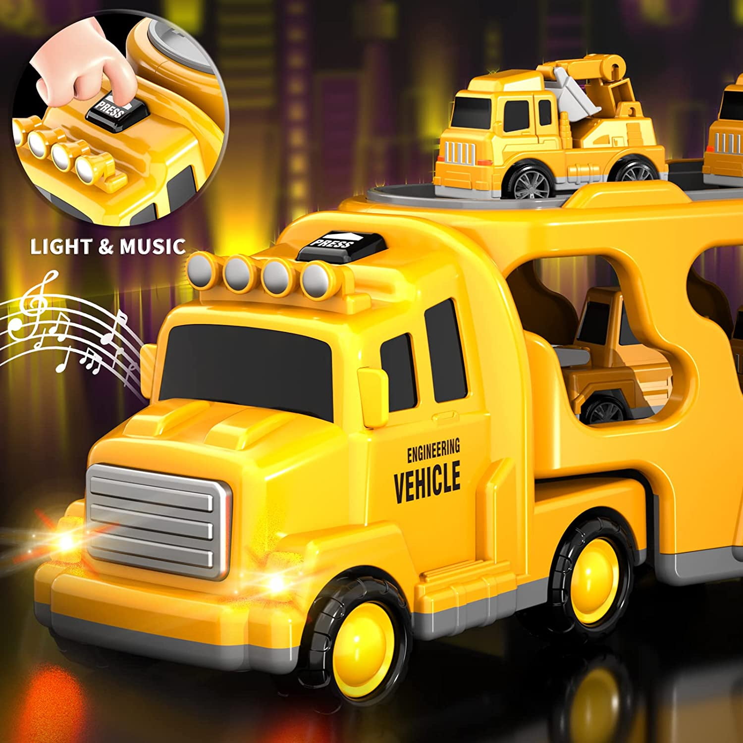 PayUSD 5-in-1 Construction Carrier Truck Set with Friction Power Vehicles (Yellow, 1 Set) qd7xg