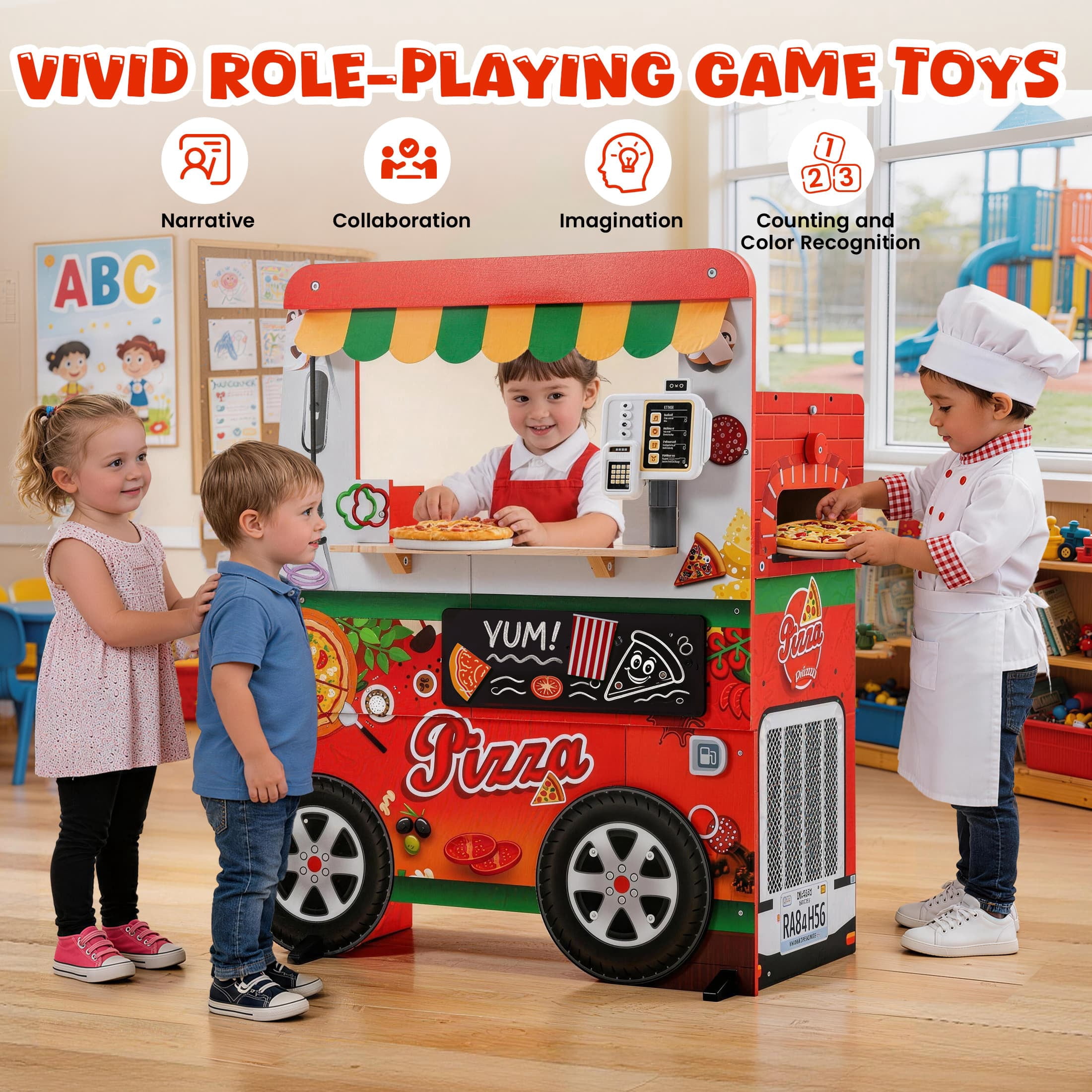 iYofe Wooden Food Truck Play Kitchen Set with Interactive Light and Sound (Red, 31.69 in x 18.1 in x 36.61 in) ilptb