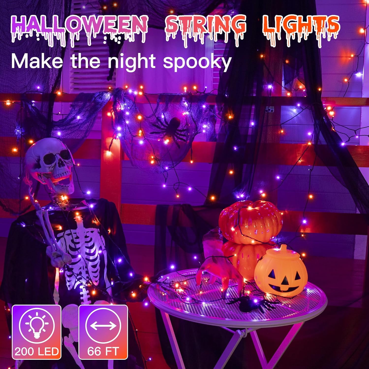 Generic 200 LED Halloween String Lights, Waterproof Outdoor Decorative Lighting with 8 Modes (Orange and Purple, 66 ft) hxw36