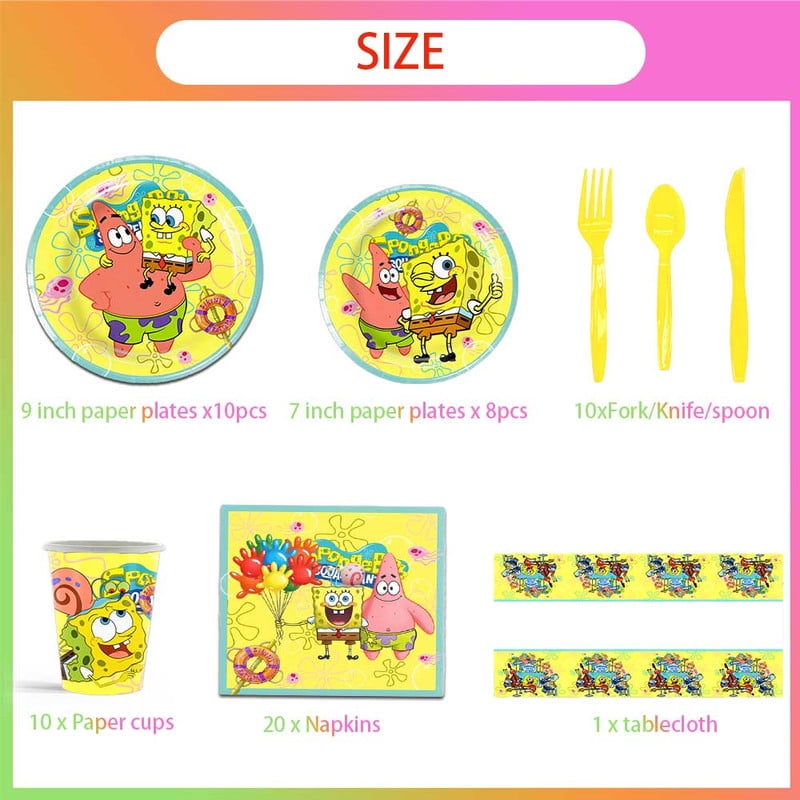 WEZHNFP Spongebob Squarepants Party Tableware Set Disposable Dinnerware Kit for 10 Guests (Multicolor, 79 Piece Set) 7dkbu