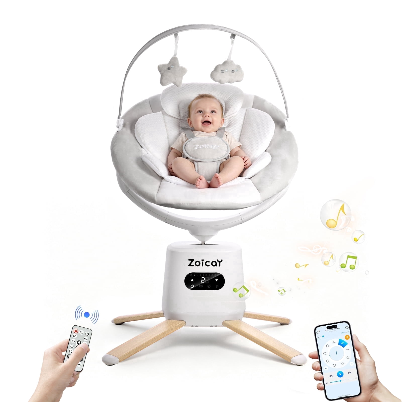 Zoicay Baby Swing, Infant Swing with 8 Motions & 8 Speeds, 360° Rotating Seat, Bluetooth Music & App Control (White, 25 lb Capacity) nq9jz