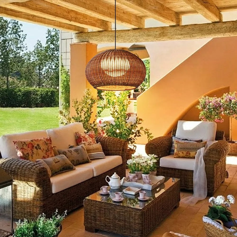 LittleGlovo Hand-woven Rattan Chandelier Waterproof Outdoor Hanging Light (Natural, 12 in) e5toj