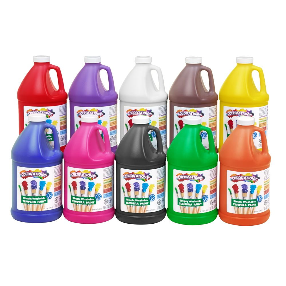 Colorations Simply Washable Tempera Paint Set, Non-Toxic Art Supplies for Kids (Assorted Colors, 10 Pack, 64 fl oz Each) 8159m