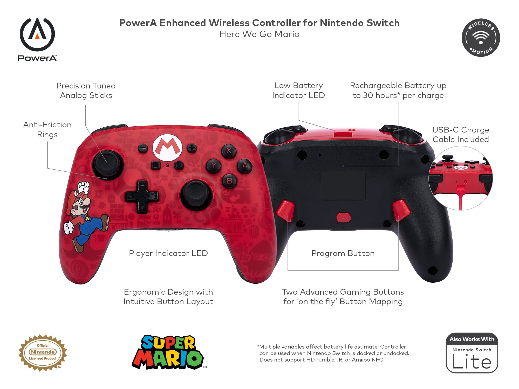 PowerA Enhanced Wireless Controller for Nintendo Switch - Here We Go Mario (1 Count) xm32k