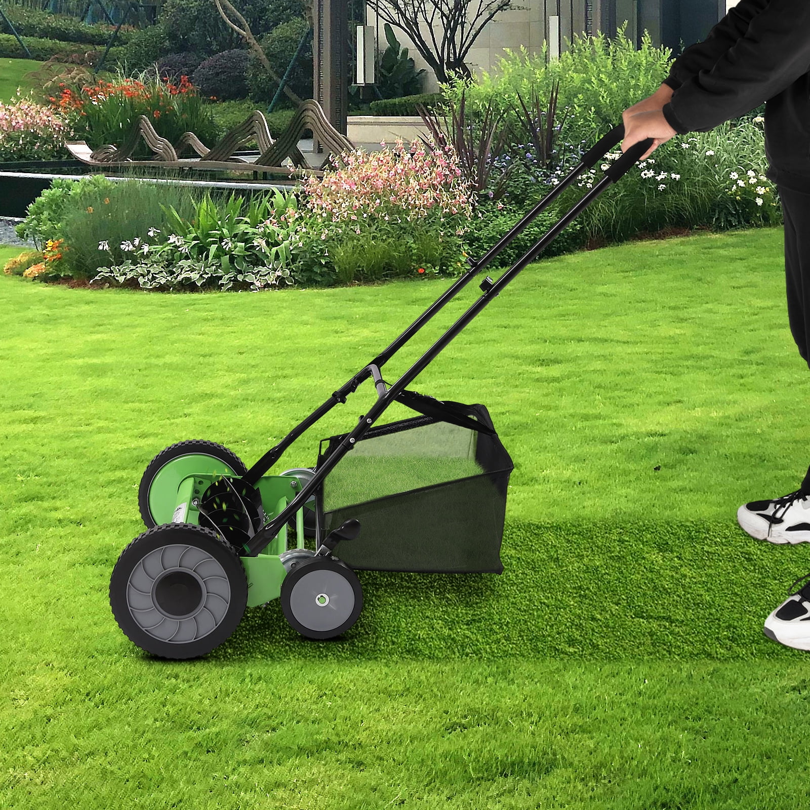 Hesries Manual Reel Lawn Mower, 20 Inch Push Grass Cutter with Grass Catcher (20 in) t9c39