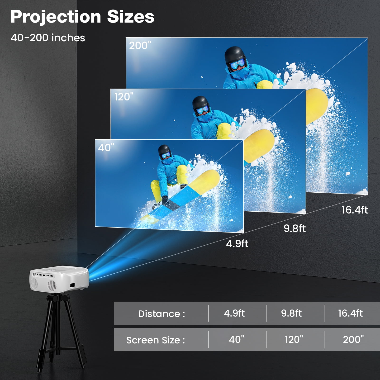 AUOSHI Native 1080P Portable Projector with WiFi and Bluetooth (White, 200 in) pdyl3