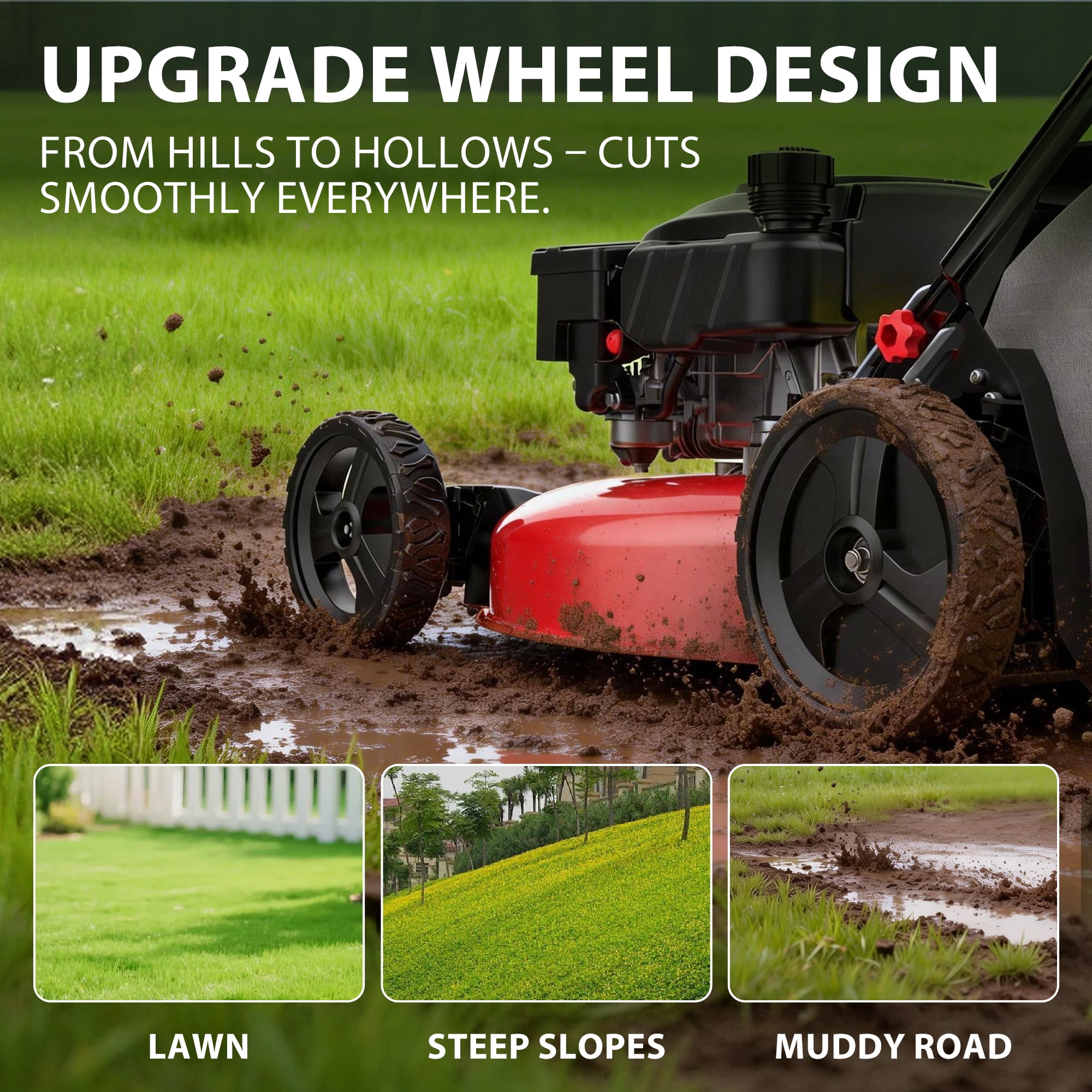 PowerSmart 21-Inch 3-in-1 Gas Lawn Mower, High-Manganese Steel Blade, 6-Height Adjustment (Red, 21 in) jc4pz