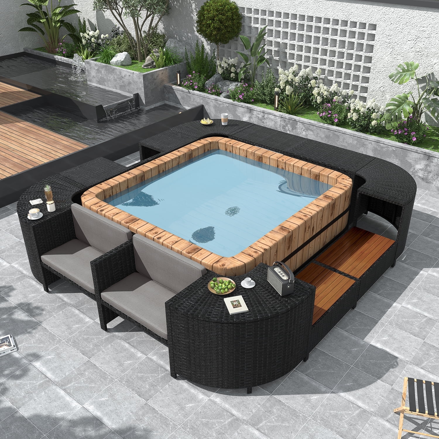 Harper & Bright Designs Outdoor Rattan Spa Surround Sectional Sofa Set with Storage and Wooden Seats (Grey, 105.5 in x 105.5 in x 21.6 in) gal3c