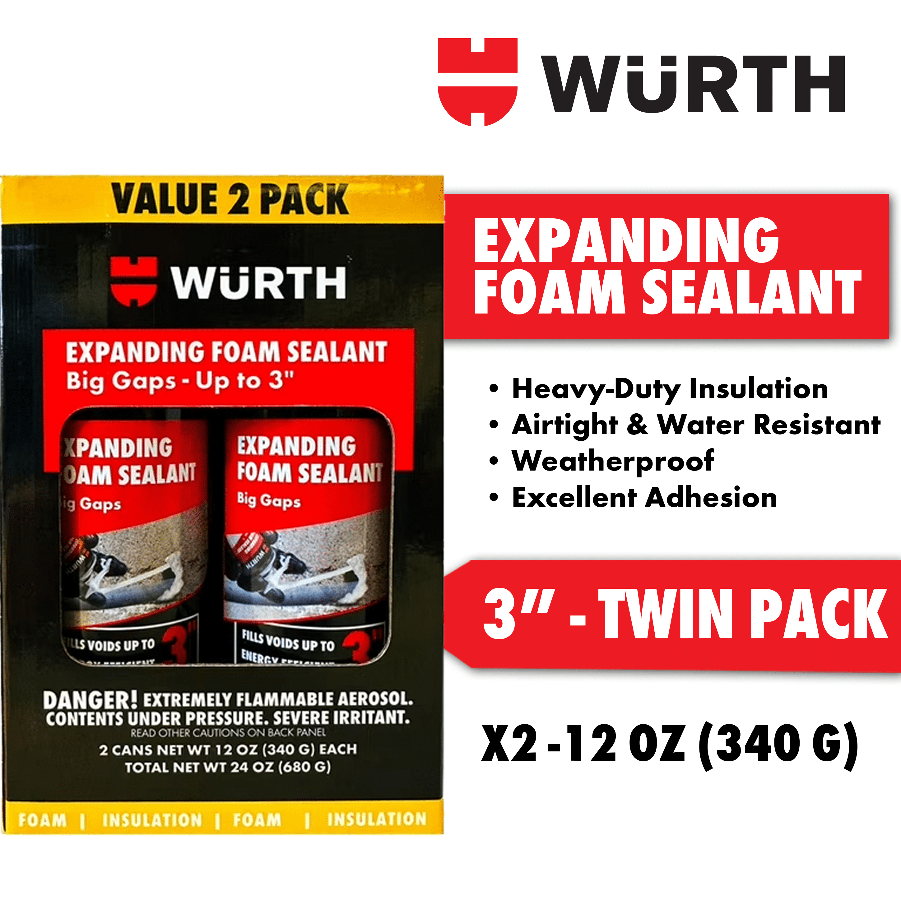Würth Expanding Foam Sealant Insulation Filler (White, 2-Pack, 24 oz Total) d5va3