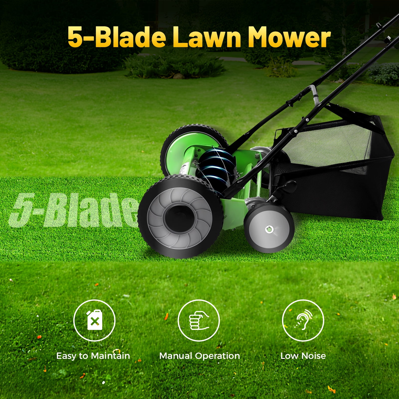 Hesries Manual Reel Lawn Mower, 20 Inch Push Grass Cutter with Grass Catcher (20 in) t9c39