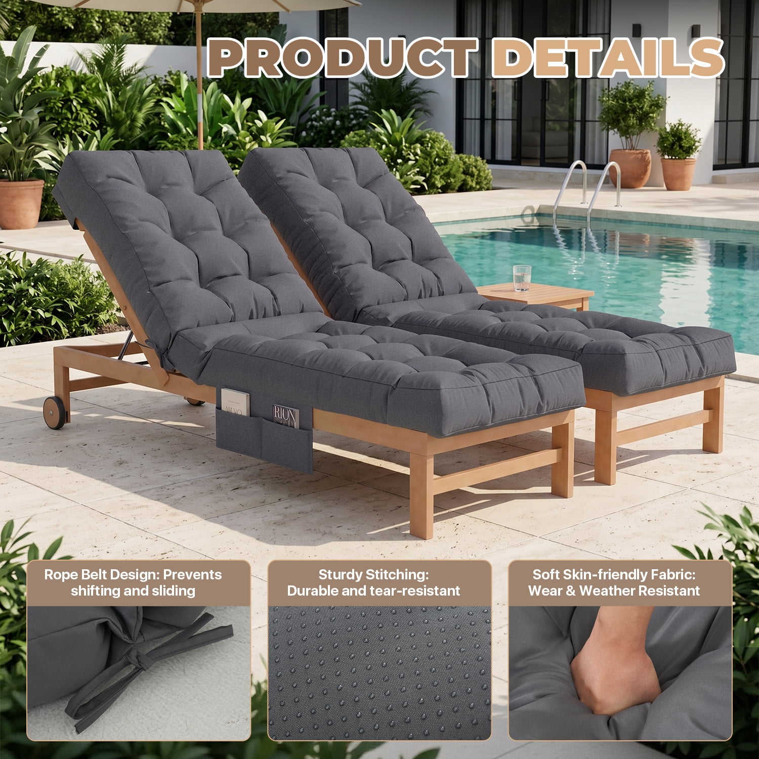 BaPiPro Outdoor Chaise Lounge Cushion with Side Pocket and Non-Slip Fixation (Gray, 2-Pack) plspn
