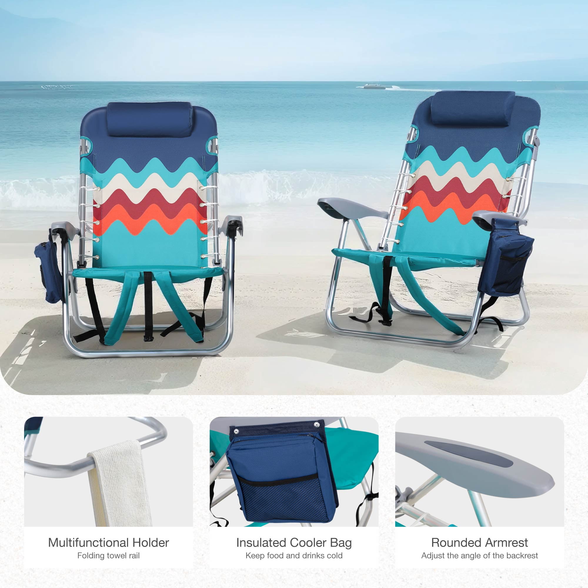 Sophia & William 2 Pack Folding Beach Chairs with 4 Adjustable Positions and Cooler Bag (Blue, 250 lb Capacity) pp1ar