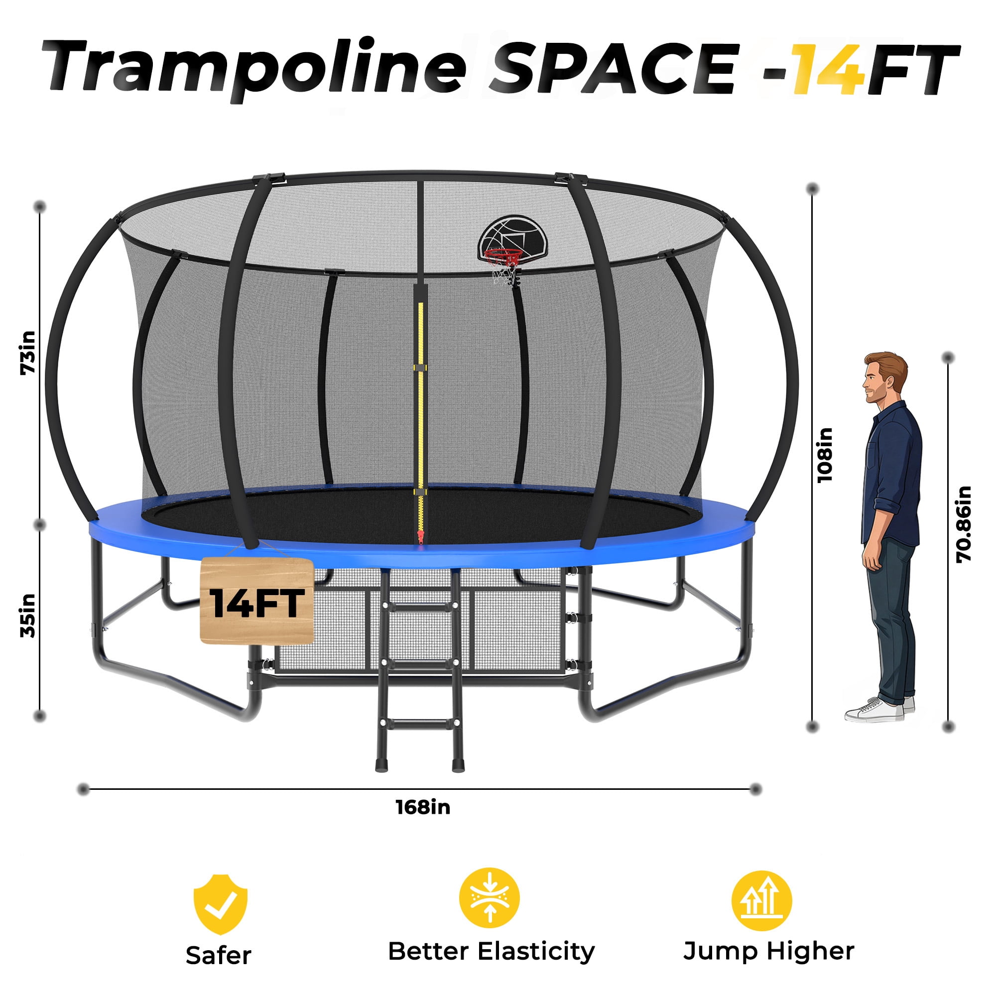 Mersco 14ft Outdoor Trampoline with Enclosure Net, Basketball Hoop, and Storage Bag (Blue, 14 ft) ue87b