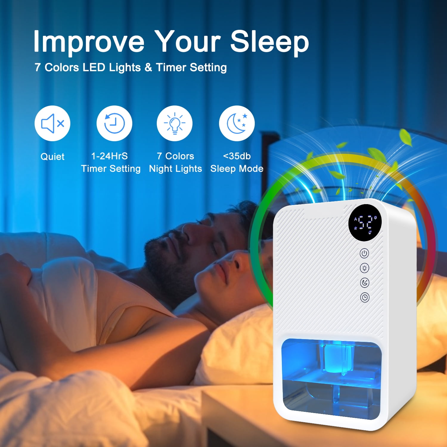 Zacenei Portable Dehumidifier for Home, Quiet Small Room Air Dryer with Auto Shut-Off & 7-Color LED (White) 3vbij