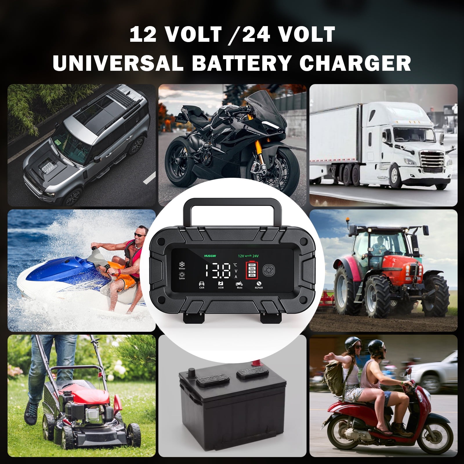 HUSGW Smart Car Battery Charger, Fully-Automatic 12V 20A and 24V 10A Dual Voltage Power Supply for Lead-Acid and LiFePO4 Batteries (Yellow) 09uza