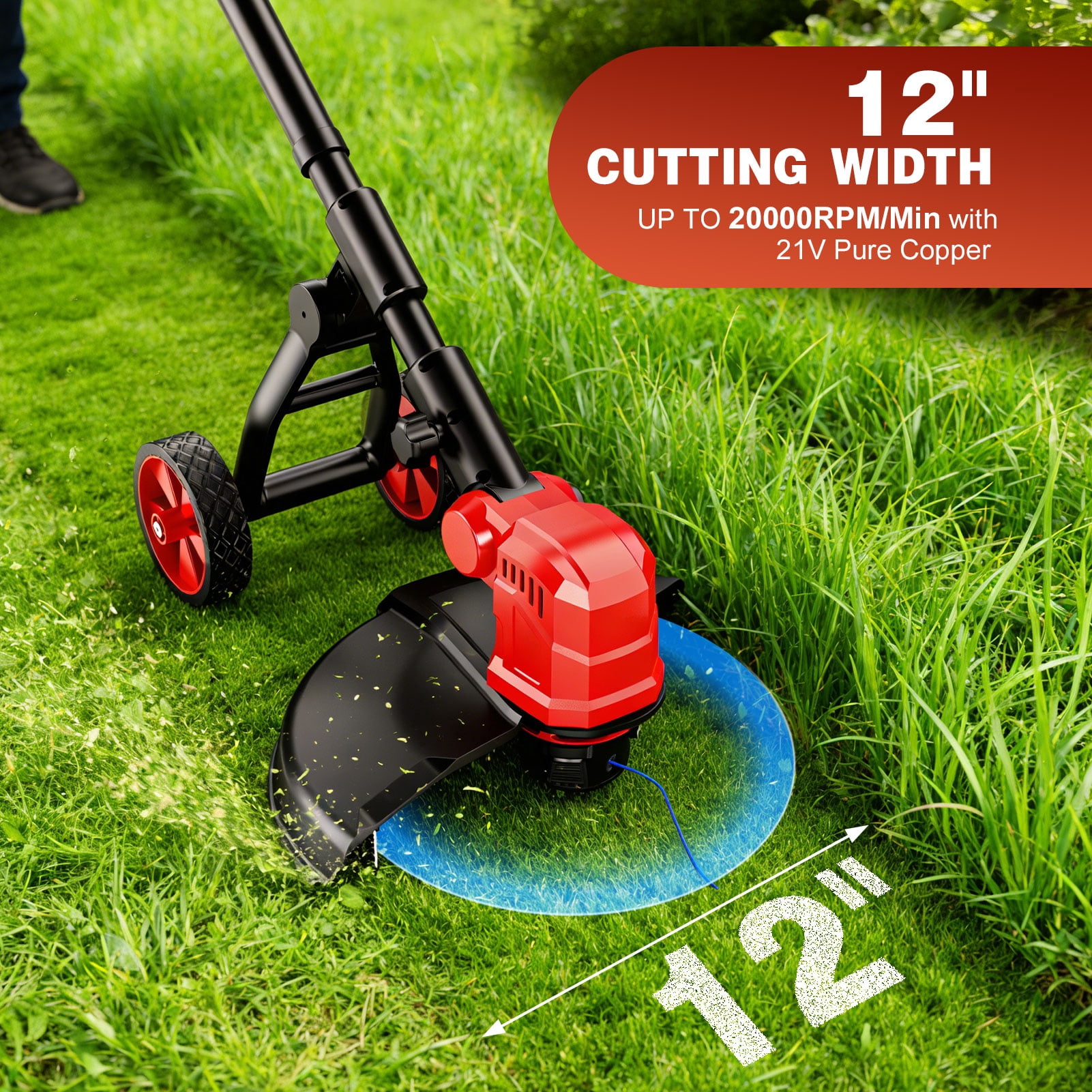 Tanbaby Cordless String Trimmer, Electric Weed Eater with 2 Batteries and Auxiliary Wheel (12 in) 3pzma