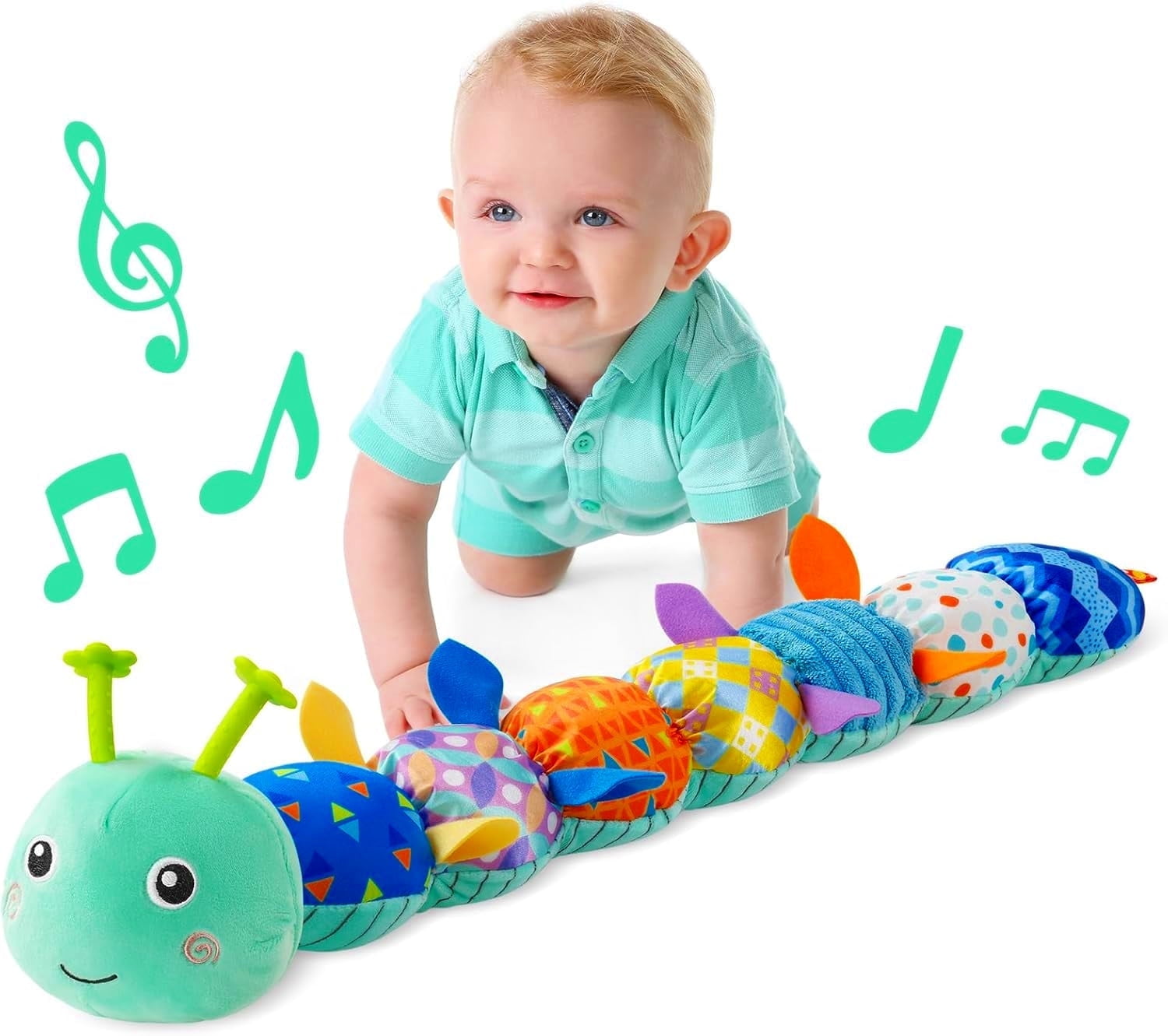 BTEPSGA Musical Caterpillar Sensory Plush Toy with Growth Ruler and Ring Bell (Blue, 20 in) rfujr