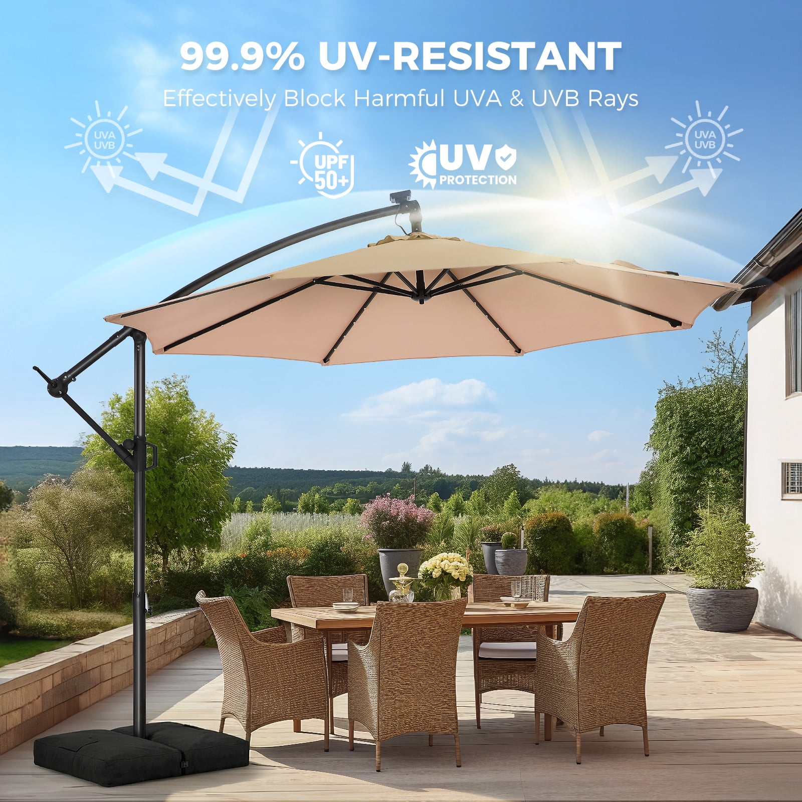 Patbrela 10ft Offset Patio Umbrella with Base, Cantilever Hanging Outdoor Shade with Solar LED Lights and Infinite Tilt (Beige, 10 ft) 99u9u