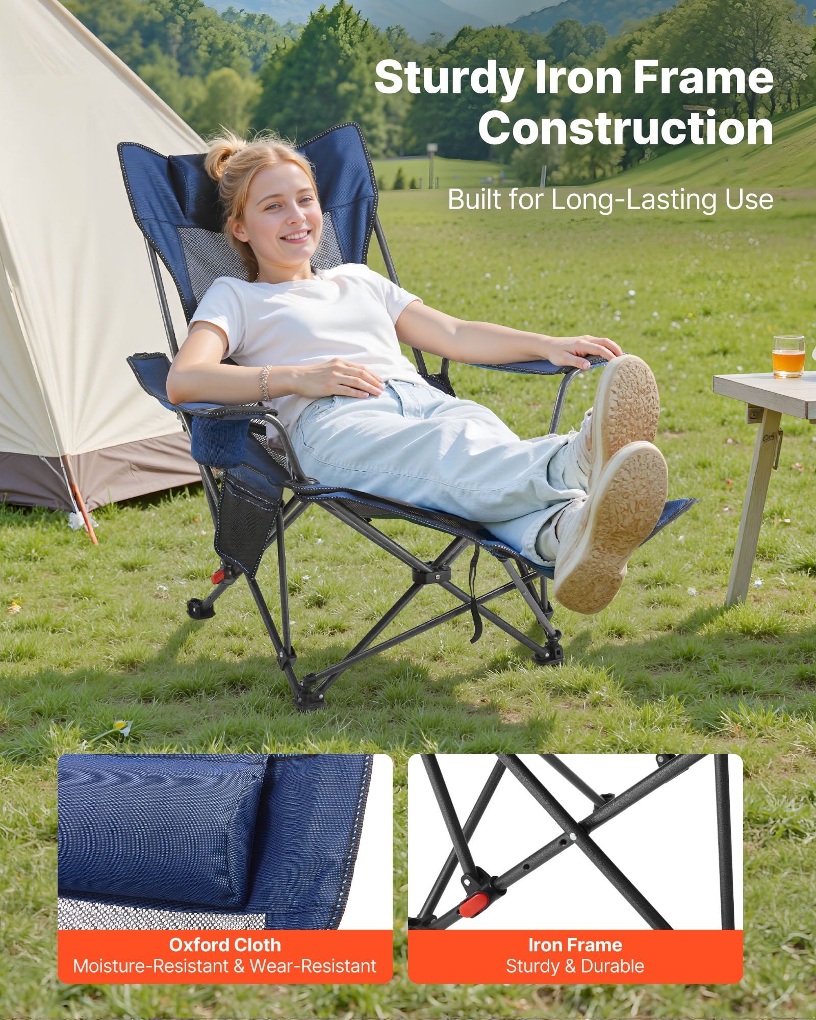 VEVOR Reclining Camping Chair, Portable Folding Lounger with Headrest and Foot Rest (Blue, 220 lb Capacity) q3ppj