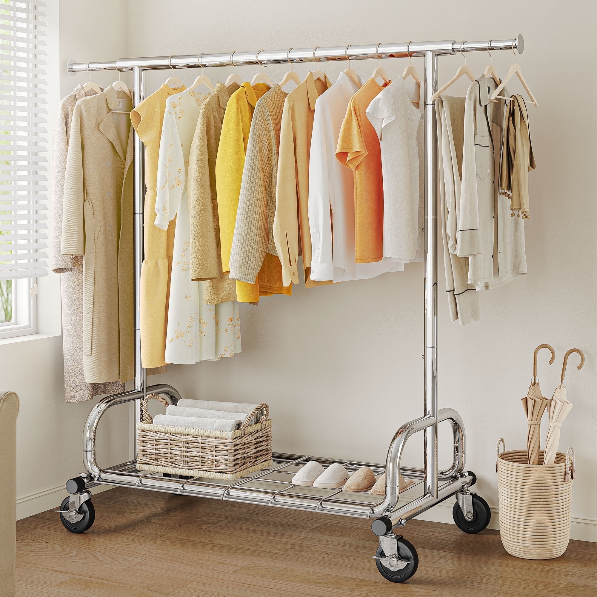 HOKEEPER Heavy Duty Rolling Garment Rack with Shelves, Commercial Grade Steel Clothes Organizer (Silver, 300 lb Capacity) 00wez