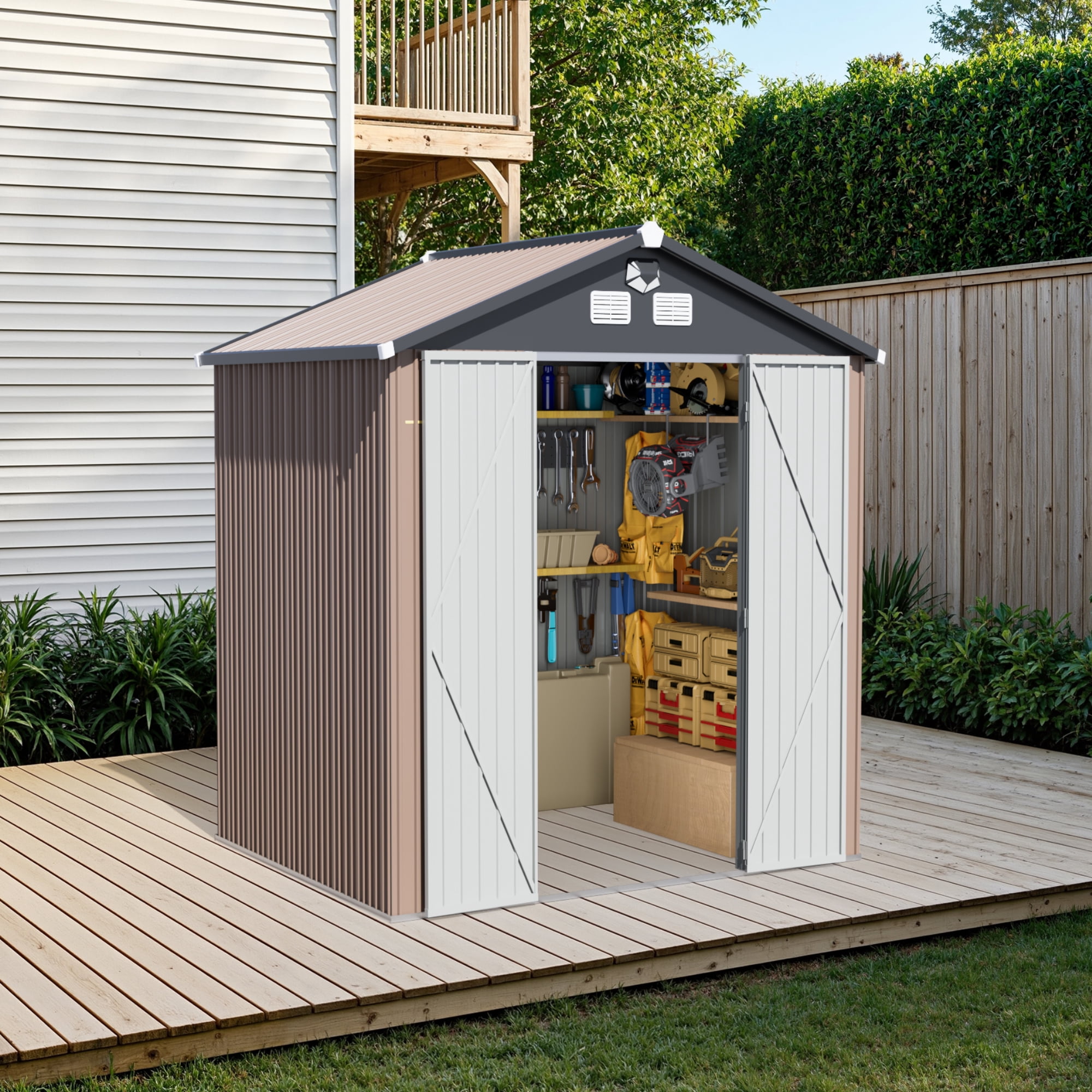 Licheers Outdoor Metal Tool Storage Shed with LED Light and Air Vents (Brown, 8 ft. W x 6 ft. D) 5yoq4