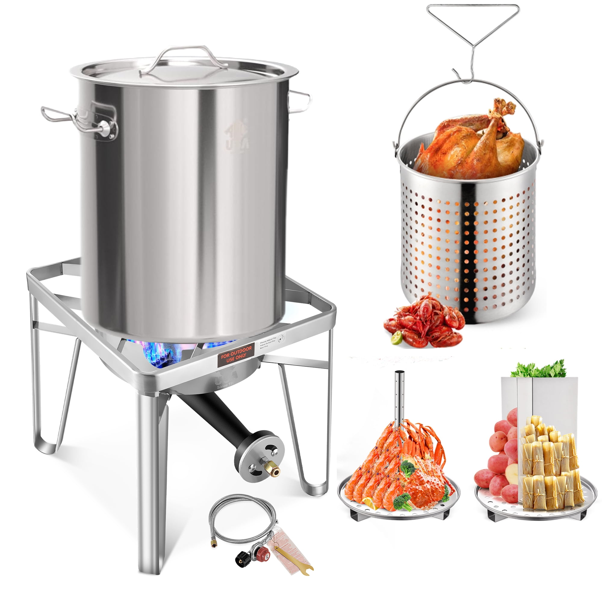 ARC USA 32QT Stainless Steel Seafood Boil Pot and Turkey Fryer Burner Set with Steamer Basket (32 qt) h6nce