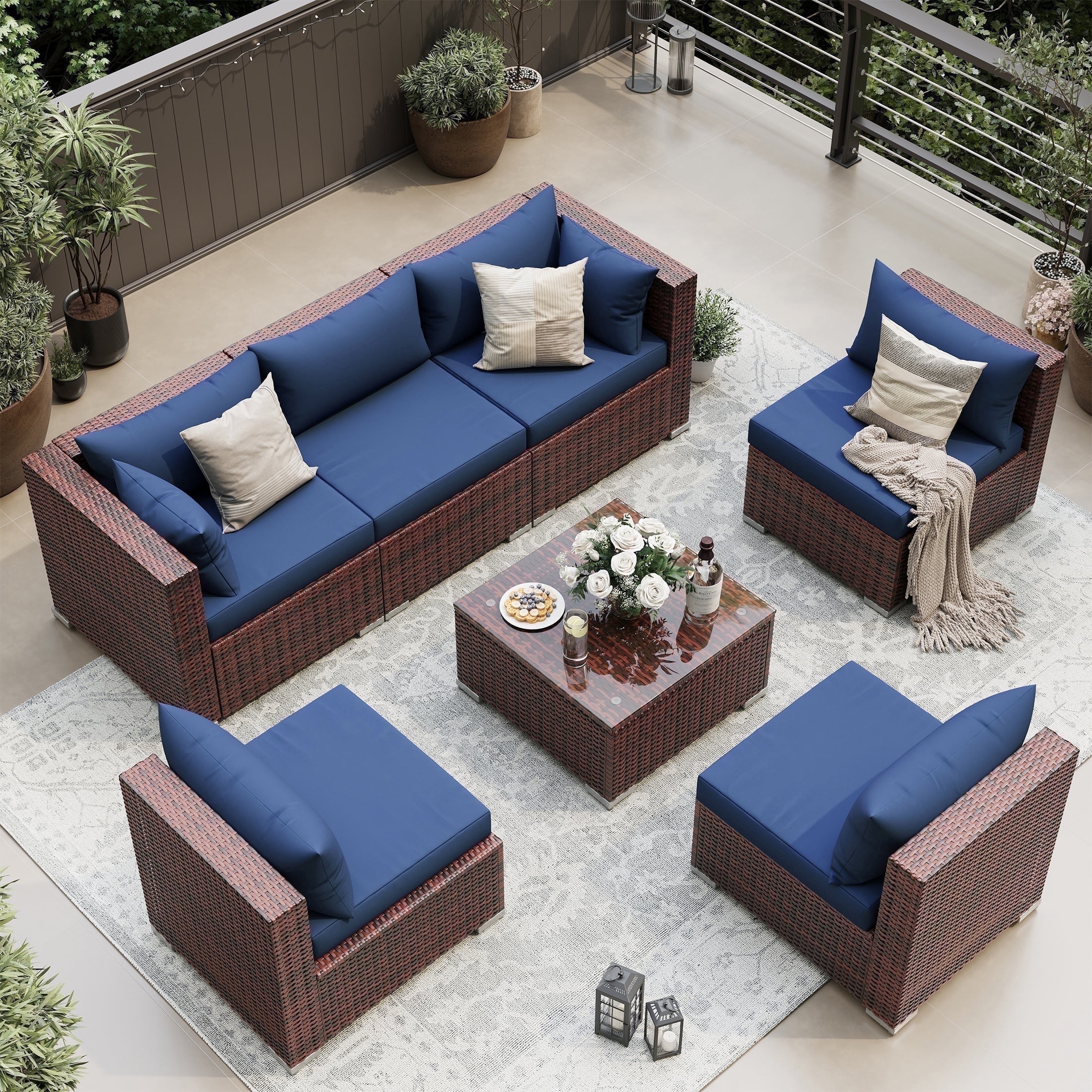 UDPATIO 7-Piece Wicker Modular Sectional Outdoor Conversation Set with Glass Coffee Table (Blue) 9nbg0 - Image 7