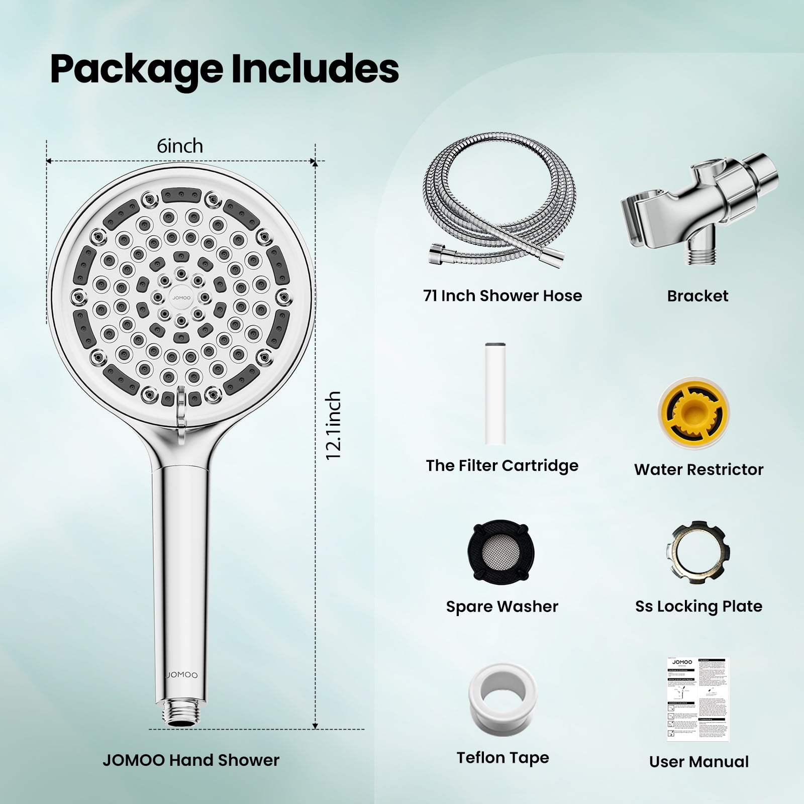 JOMOO Handheld Shower Head with 6 Spray Settings, High Pressure Filtered Showerhead for Hard Water, 6 in Head with 71 in Stainless Steel Hose (Chrome) up4ty