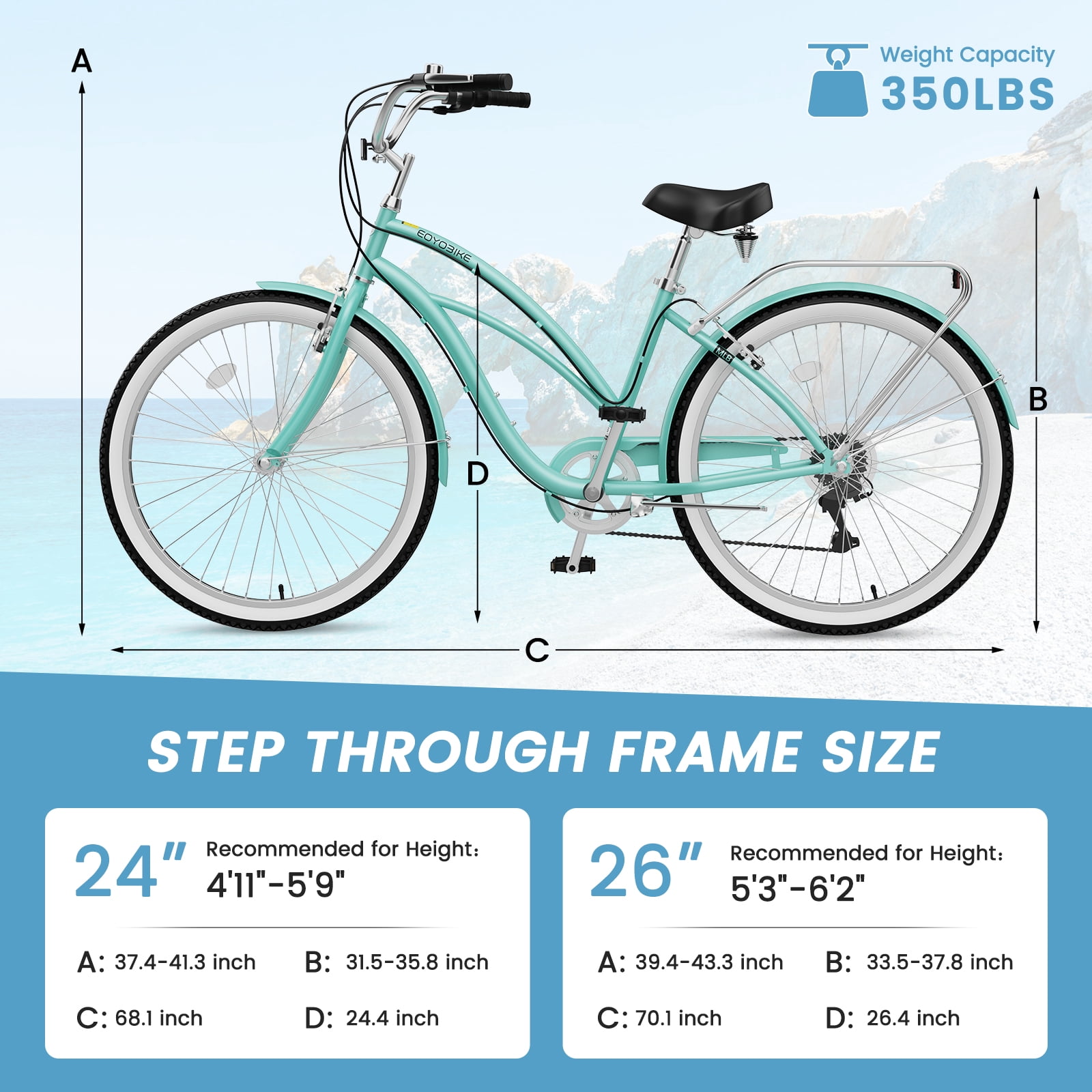 Lilypelle 7-Speed Beach Cruiser Bicycle, Ergonomic Step-Through Commuter Bike (Blue, 26 in) sdsa8