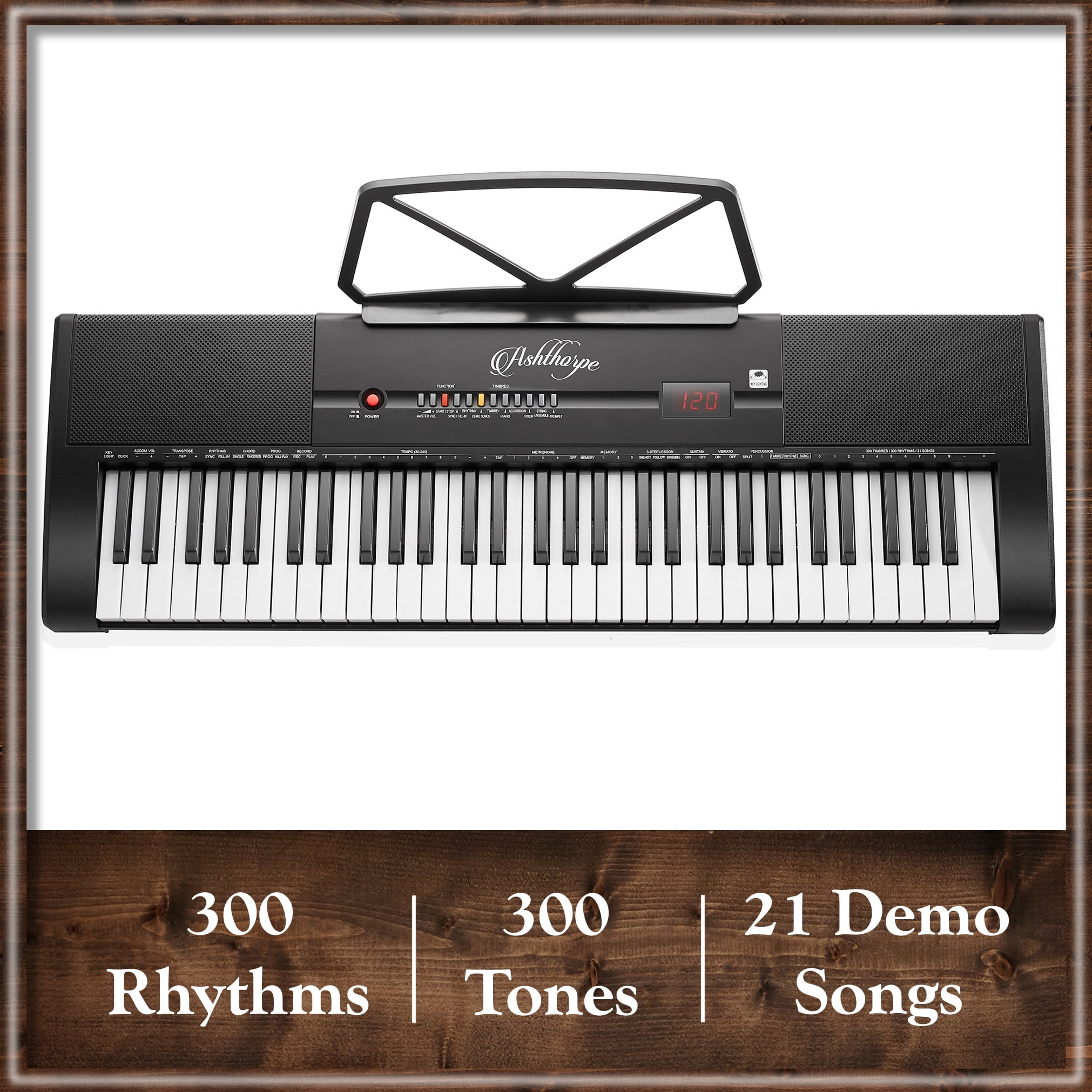 Ashthorpe 61-Key Digital Electronic Keyboard Piano with Light Up Keys, Beginner Kit with Stand and Stool (Black, 35.75 in x 10.25 in x 3 in) ddr9p