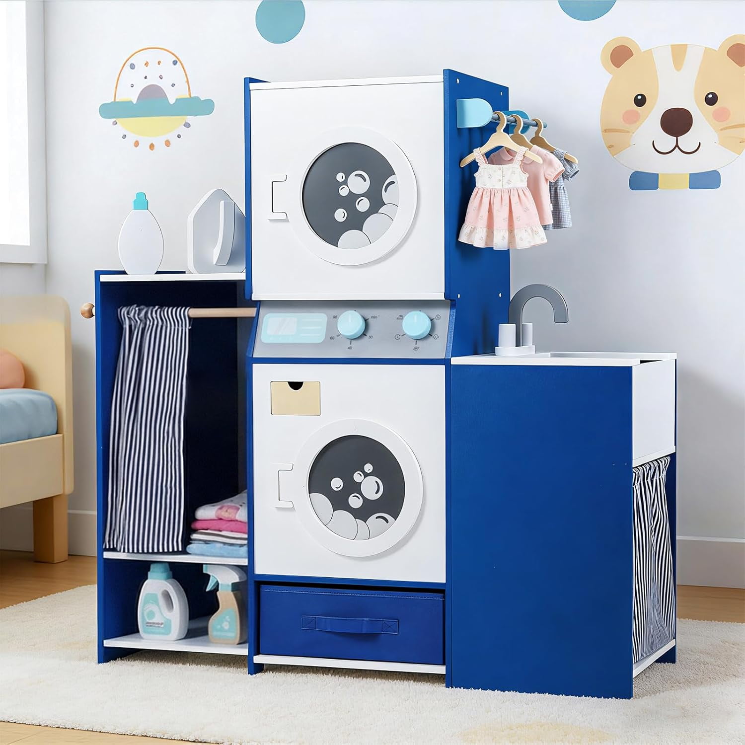 Olakids Kids Toy Washing Machine Playset, Wooden Pretend Laundry Center with Ironing Station and Accessories (Blue, 35 in x 12 in x 36 in) zg9cy