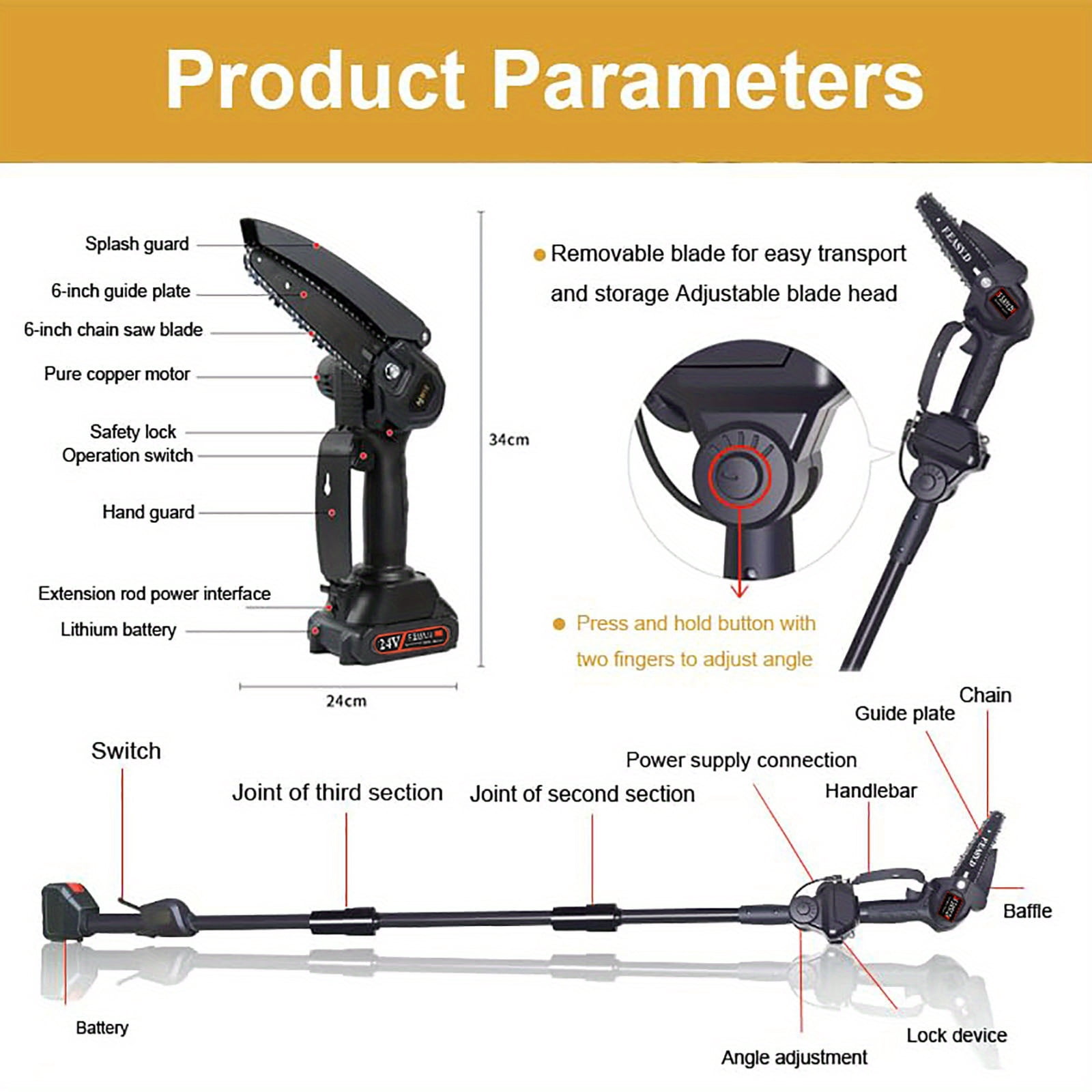 BAOKALER 2-in-1 Cordless Pole Saw and Mini Chainsaw, Telescopic Tree Trimmer for Yard Maintenance (Black, 3.5 ft to 6 ft) sn3sp