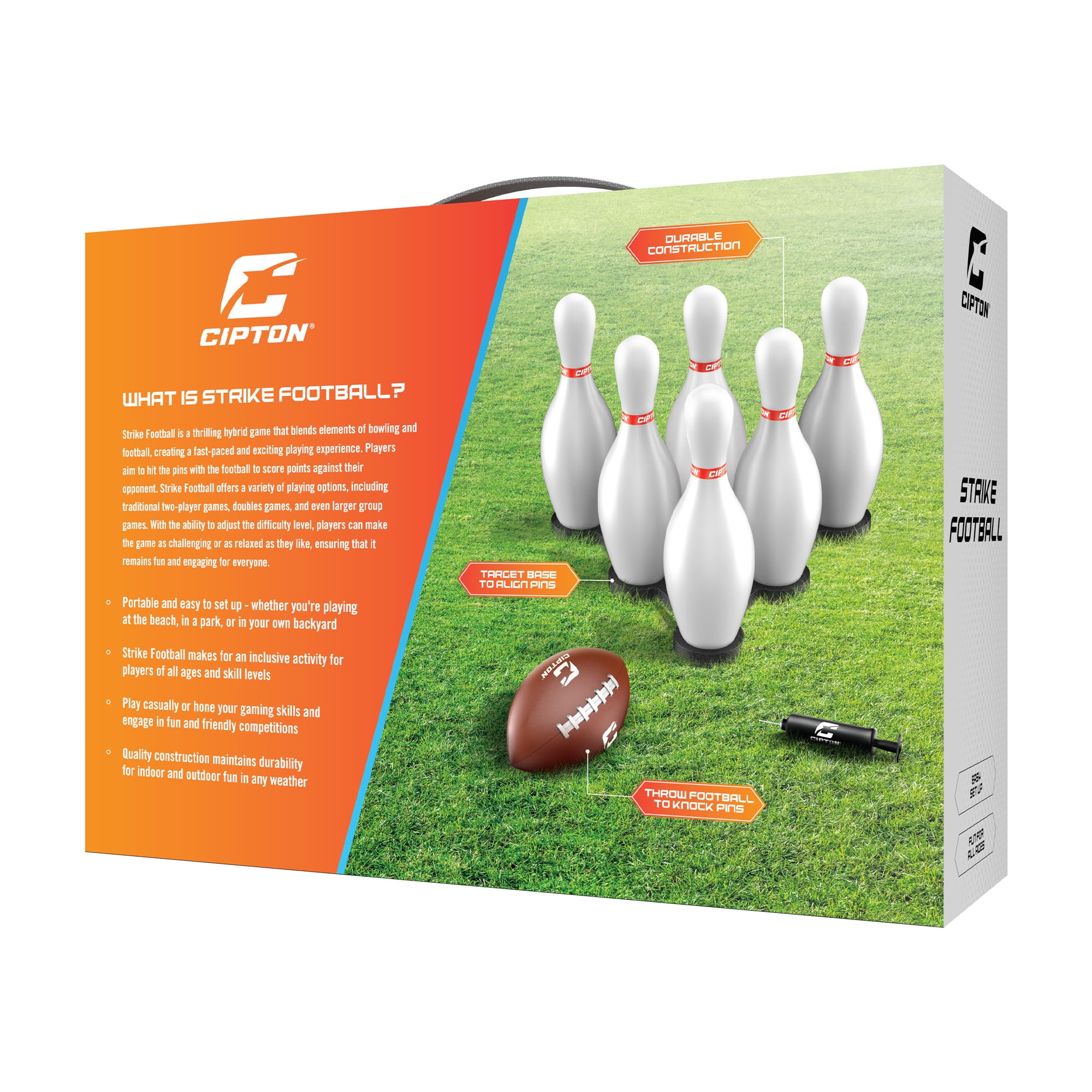 Cipton Strike Football Lawn Game Set, Outdoor Bowling Activity with 12 Pins, 2 Target Bases, Football, Air Pump, and Carry Bag (17-Piece Set) je7x4