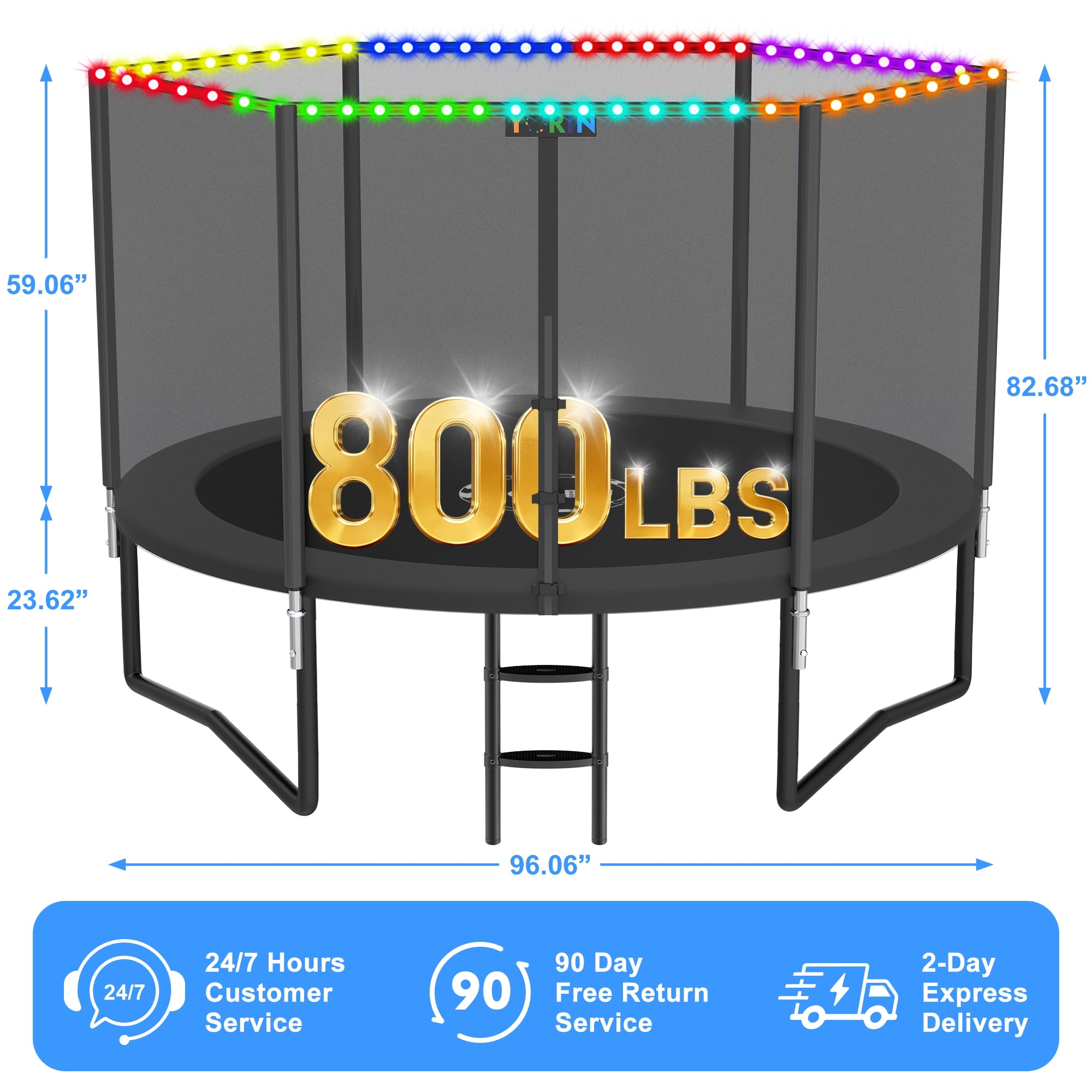 YORIN Outdoor Round Trampoline with Safety Enclosure Net, Sprinkler, and LED Lights (Black, 8 ft) ce8lk