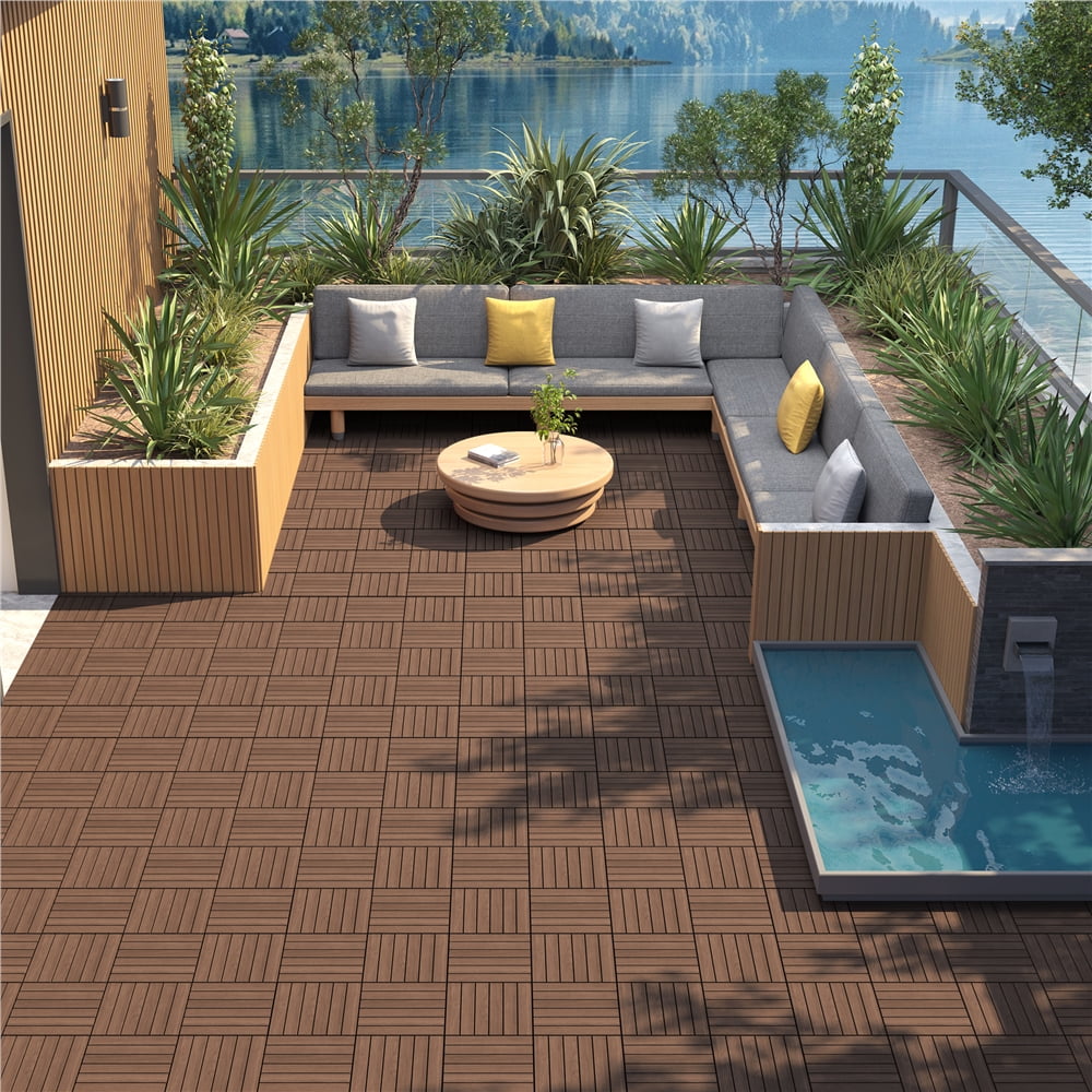 Yaheetech Interlocking Fir Wood Deck Tiles for Patio and Garden (Brown, 27-Piece Set, 27.9 sq ft) f8lio