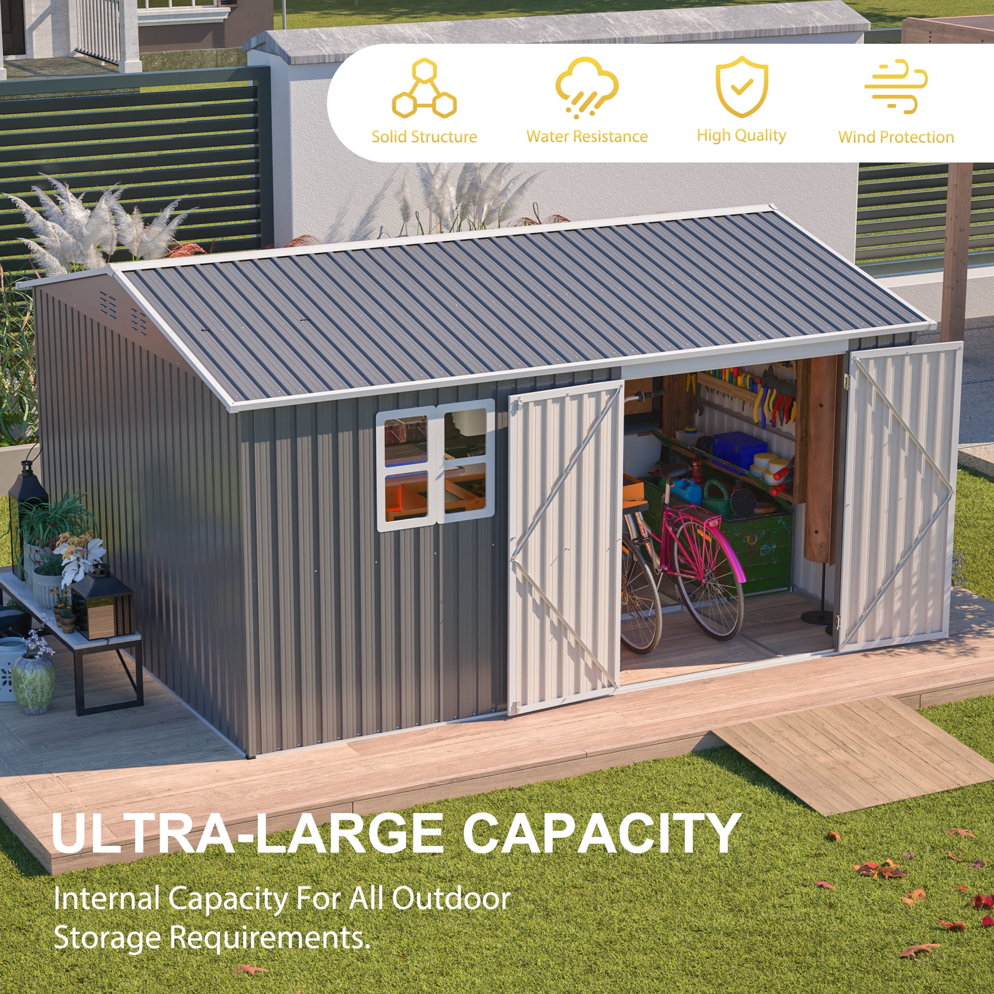 LZBEITEM 12 ft x 10 ft Outdoor Storage Shed with Floor Frame and Window (Gray) 137l9