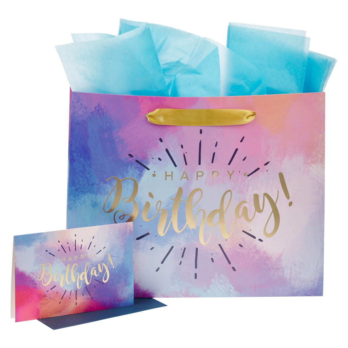 With Love Cosmetics Happy Birthday Gift Bag Set with Card and Tissue Paper (Blue Pink Purple Watercolor, 12.5 in x 10 in x 3.9 in) ppe0l