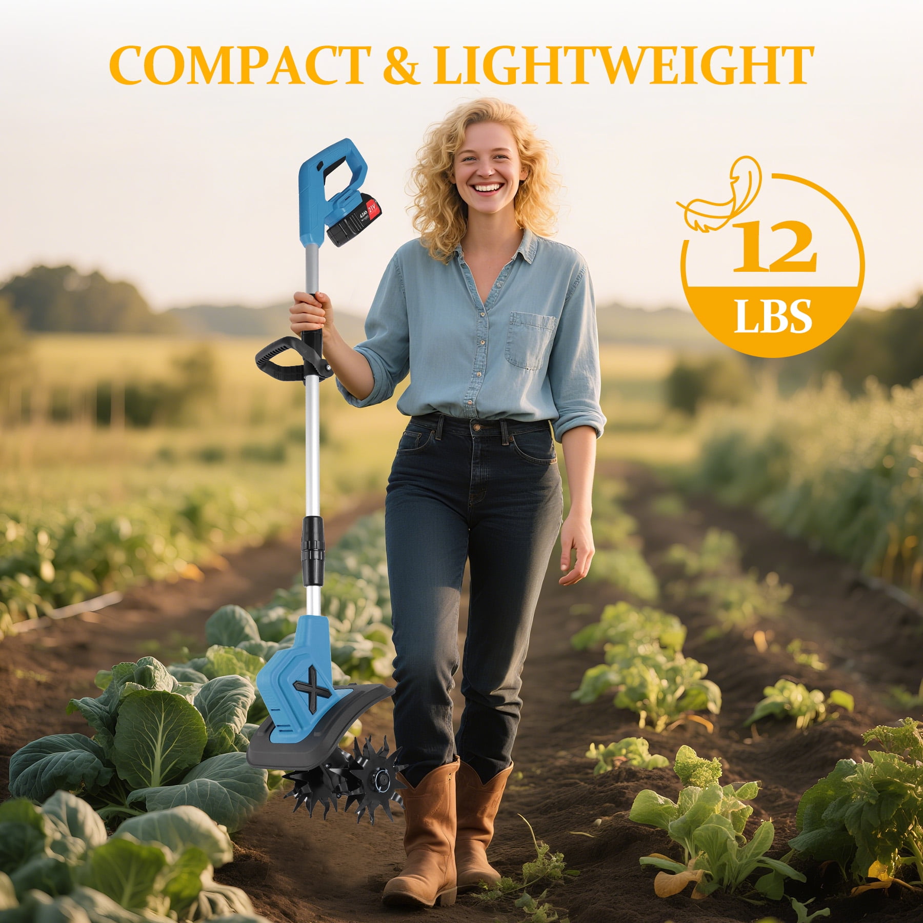HUSGW 21V Cordless Electric Garden Tiller Cultivator, High-Torque Rotary Soil Tiller with 2 Batteries and Charger (9 in Width, 6 in Depth) r62x3