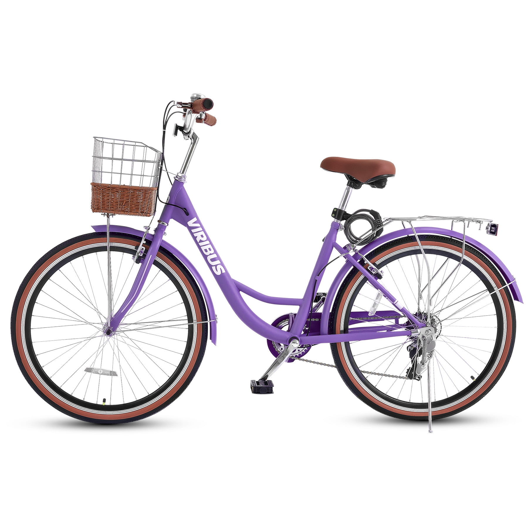 Viribus 24 in Women's Cruiser Bike, 7-Speed Beach and City Bicycle with Basket and Rack (Purple, 24 in) wzbic