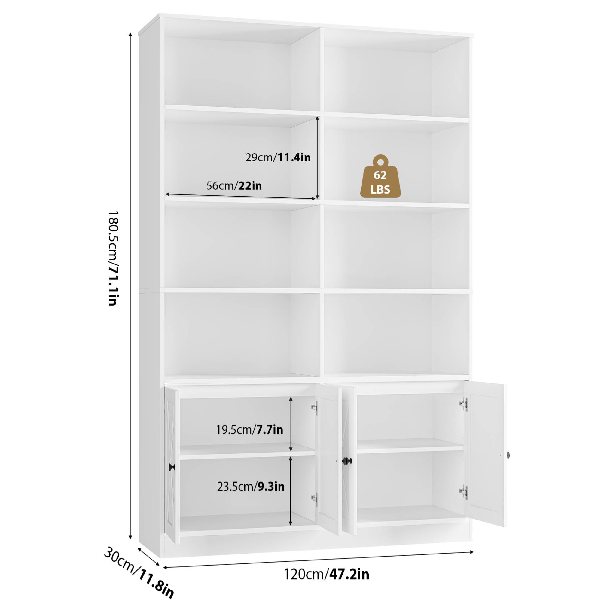 Hiphuta Tall Bookcase with Doors and Shelves, Freestanding Storage Display Cabinet for Home Office (White, 71 in H x 47.2 in W) nux95