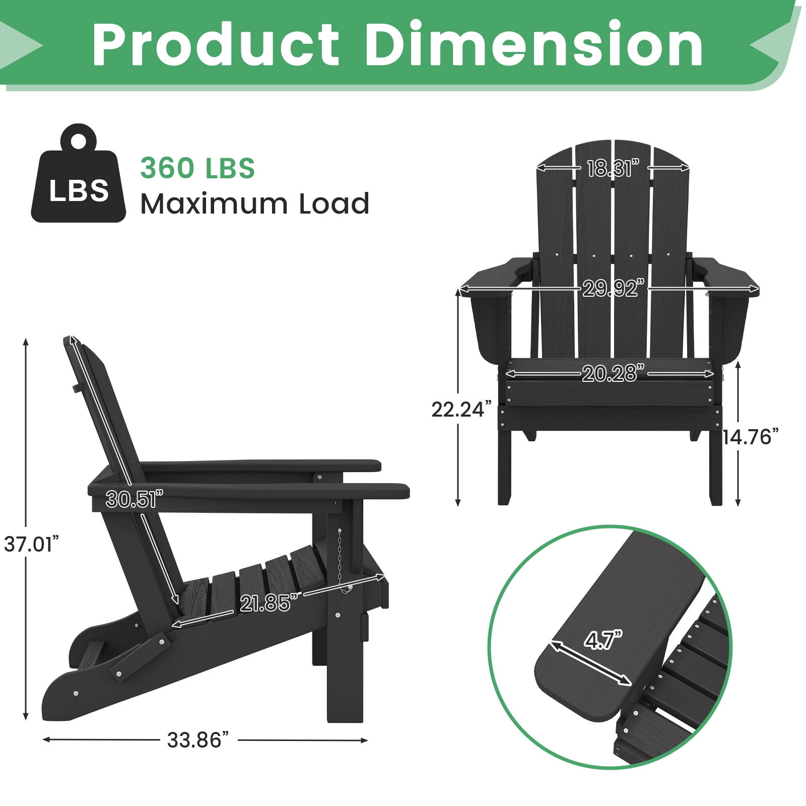 Loyalice Folding Adirondack Chair, Weather-Resistant HDPE Outdoor Patio Chair with Ergonomic Backrest (Black, 360 lb Capacity) wxm2z