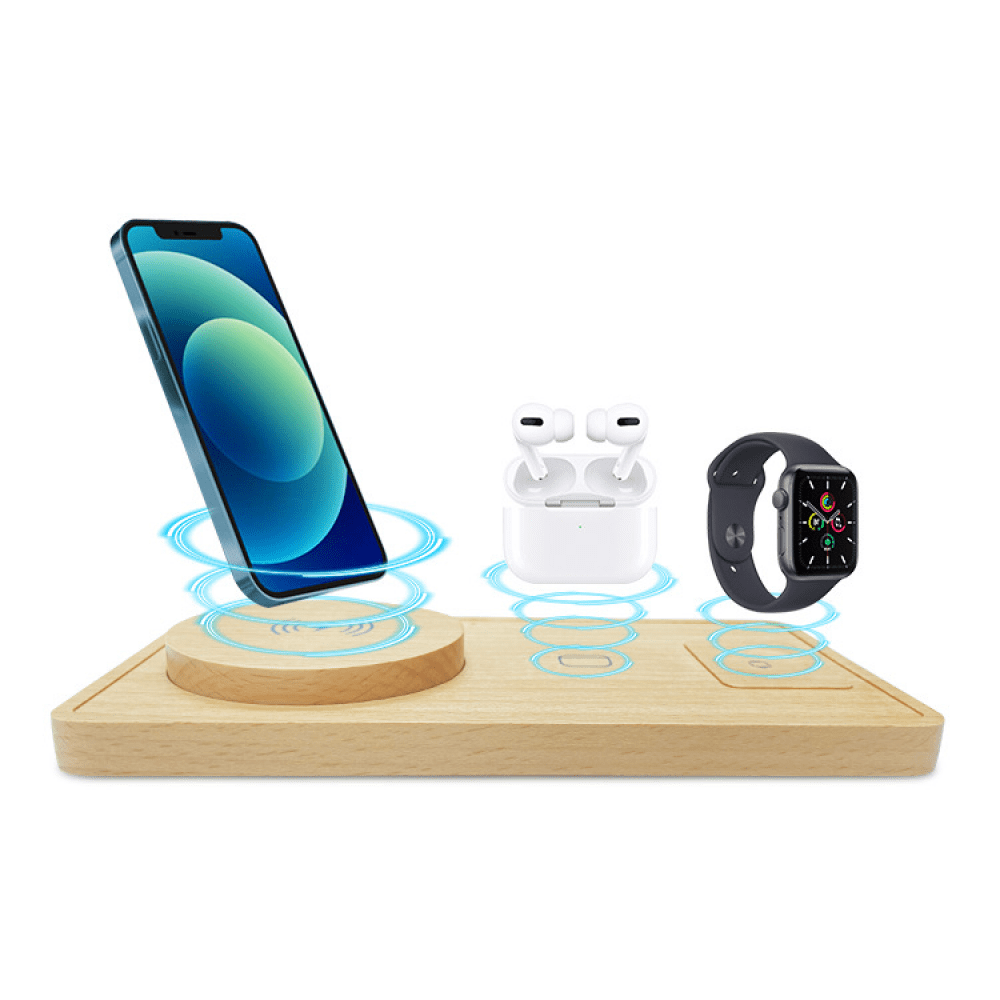 AARONMEI 3-in-1 Wireless Charging Station, Fast Charging Pad for Phone, Watch, and Headphones (Bamboo Wood, 1 Pack) ndk2p