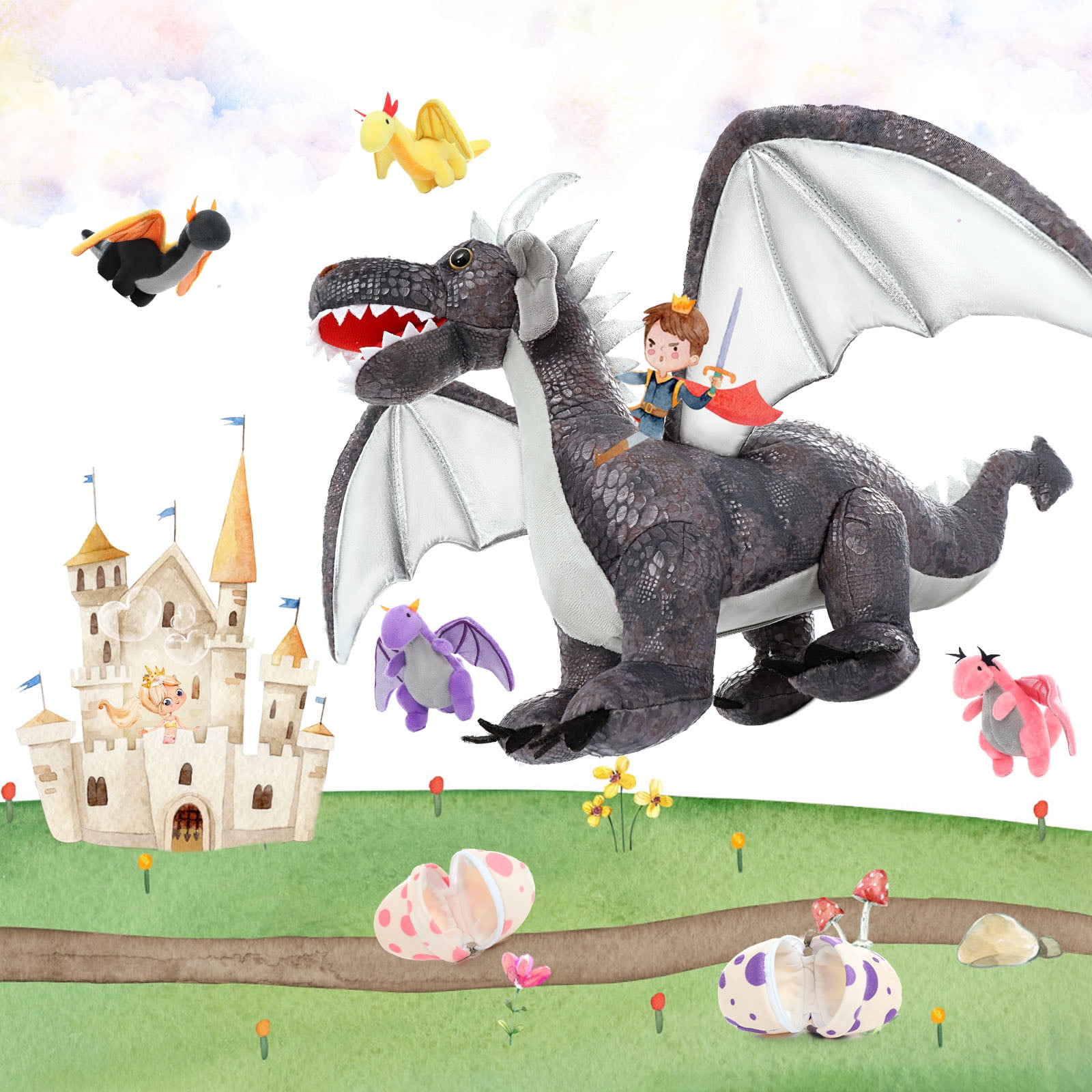 MaoGoLan Dragon Plush Set, Large Stuffed Mommy Dragon with 4 Babies and 2 Eggs (Grey, 21.6 in) fqjxr