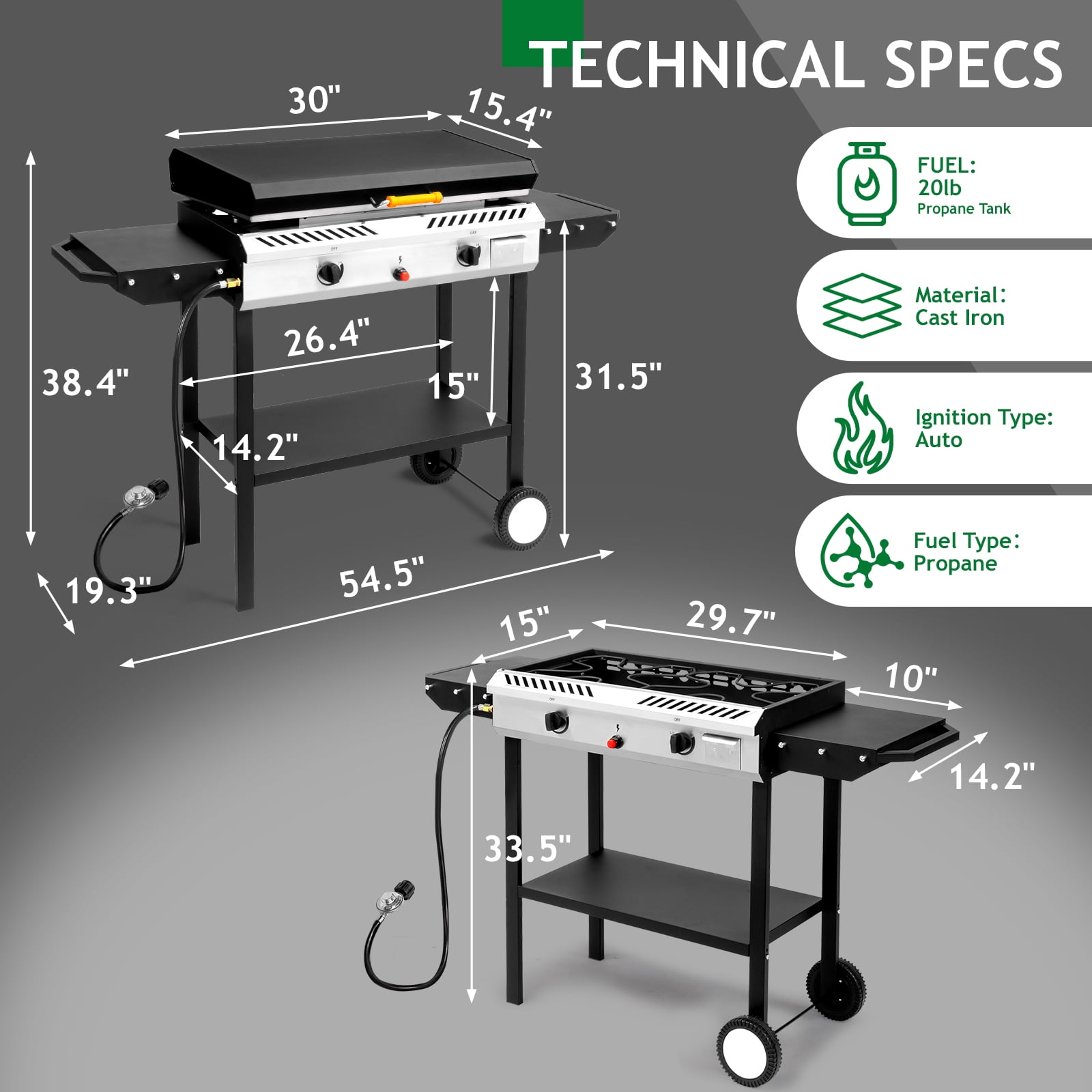 Zintown 2-Burner Outdoor Propane Gas Griddle with Portable Pan and Lid (Black, 54.5 in x 19.5 in x 38.5 in) bdngi