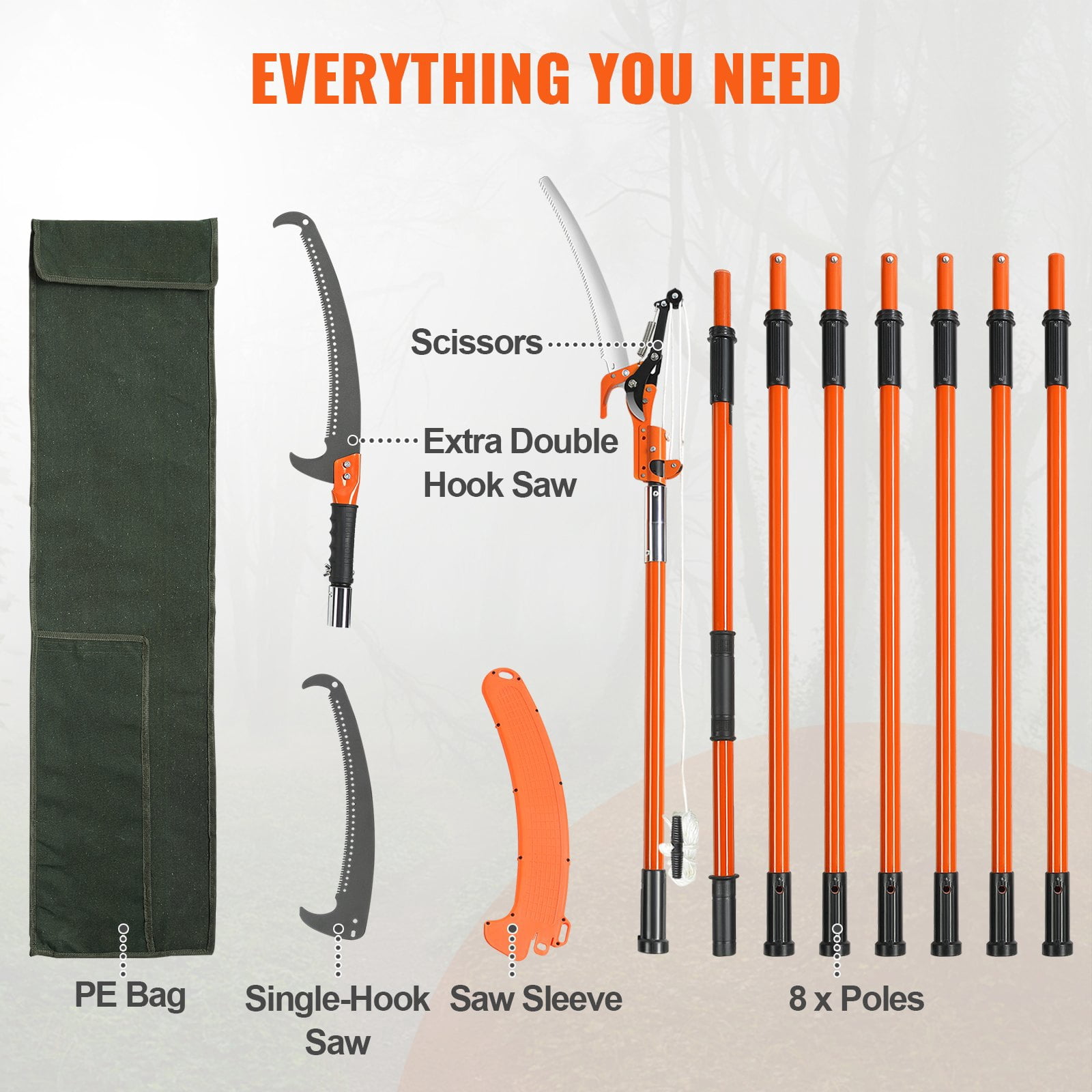Generic Manual Pole Saw Extendable Tree Pruner with Steel Blade and Scissors (7.3-27 ft) j40h3